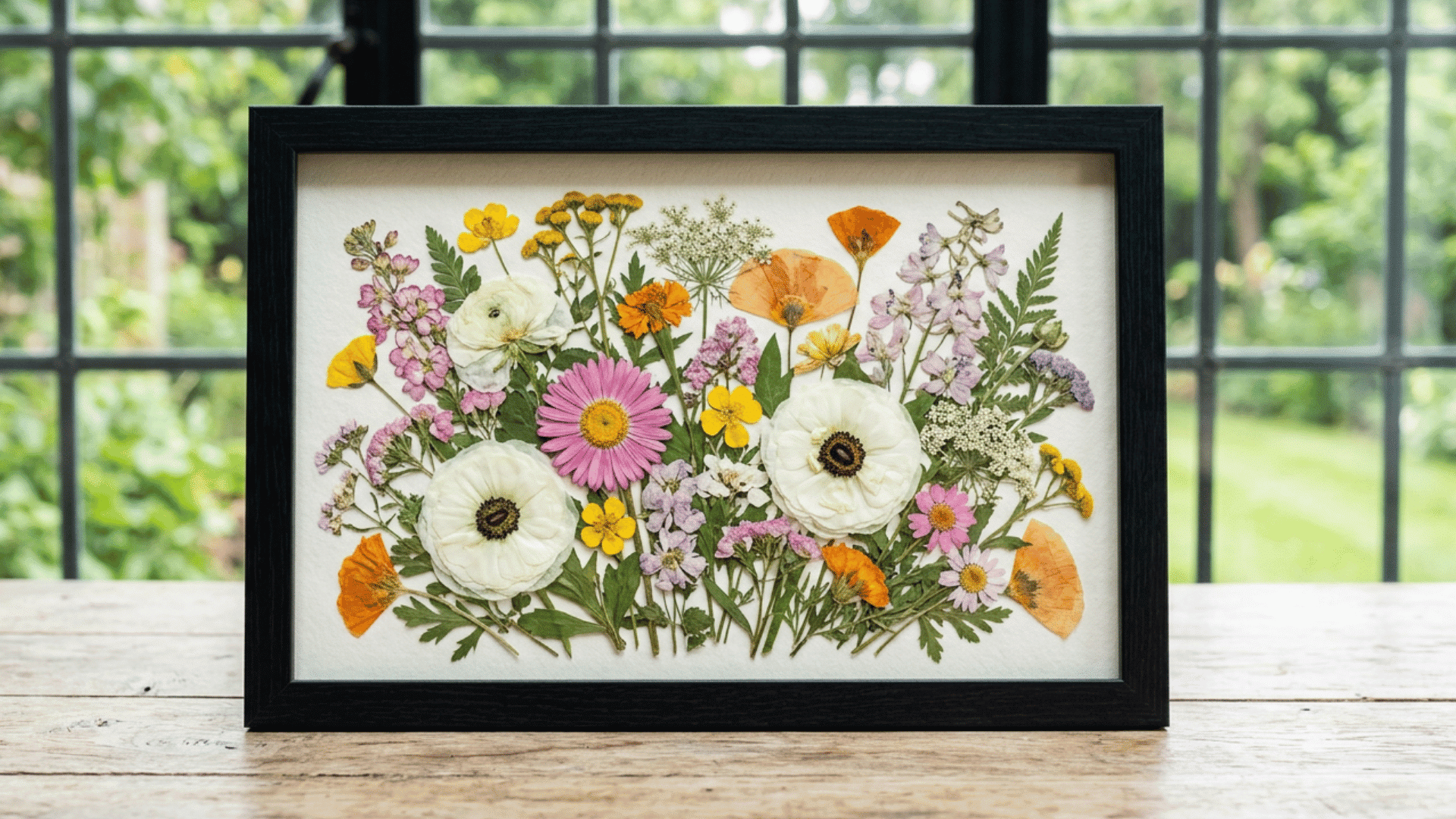 framed pressed flower artwork featuring colorful wildflowers and preserved botanical blooms in a handmade display