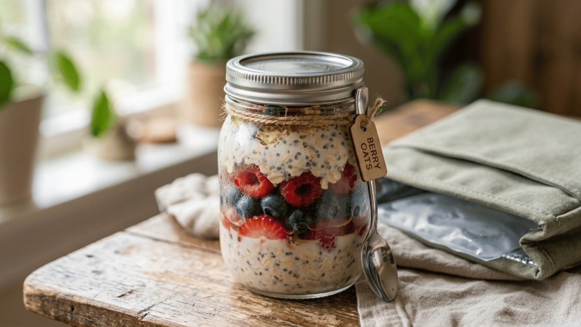 protein overnight oats jar with berries packed in a slate-grey lunchbox