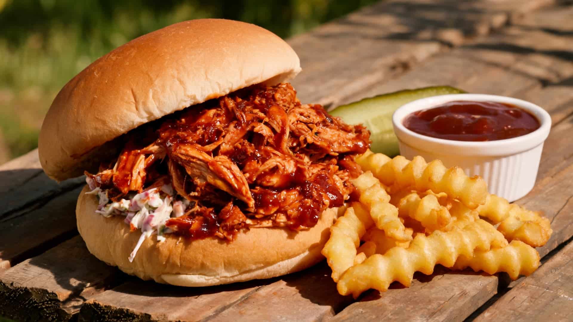 pulled barbecue chicken sandwich with crinkle fries and sauce served on a wooden table outdoors