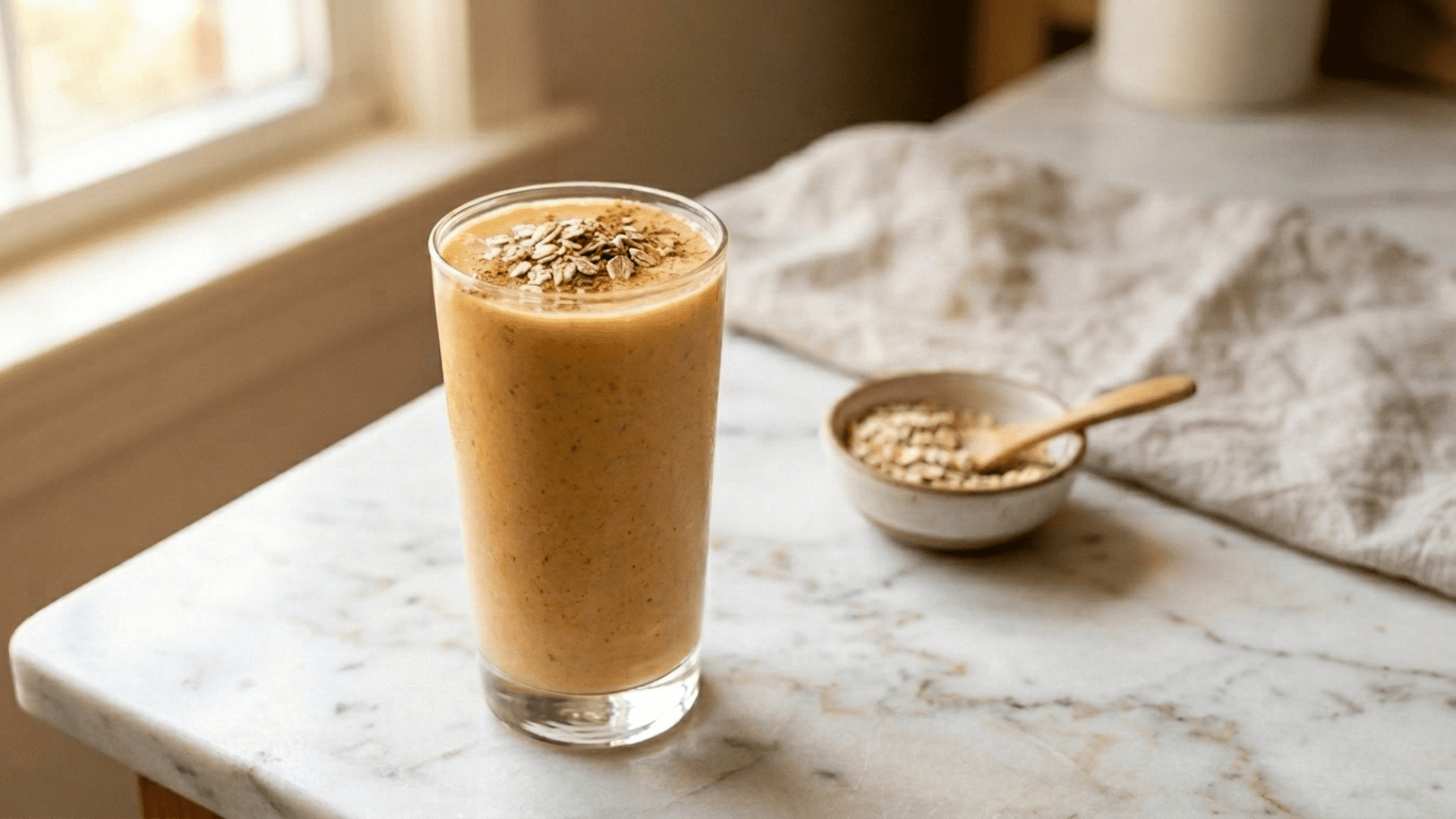 pumpkin banana oat smoothie in a glass topped with oats