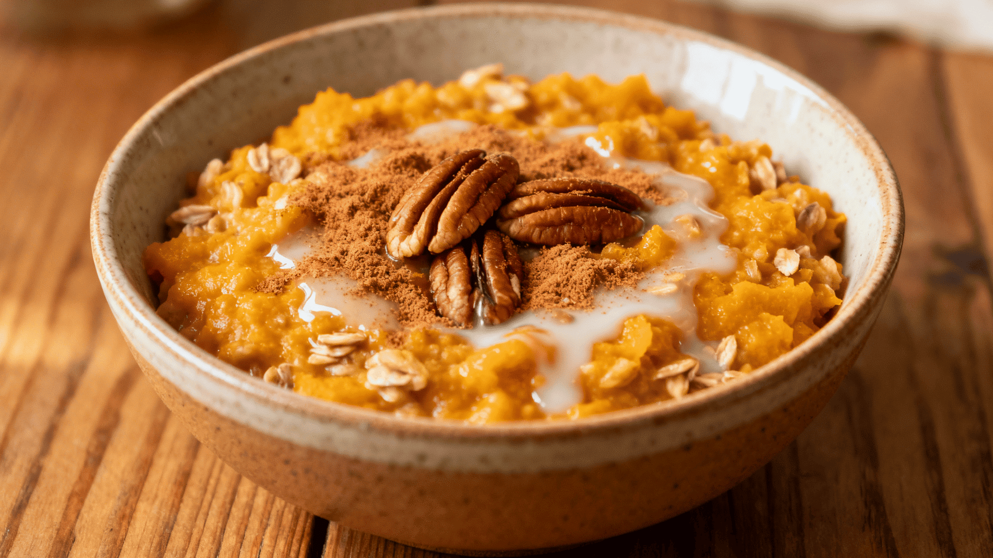pumpkin oatmeal bowl with cinnamon sprinkle, oat milk drizzle, toasted pecans, wooden table background
