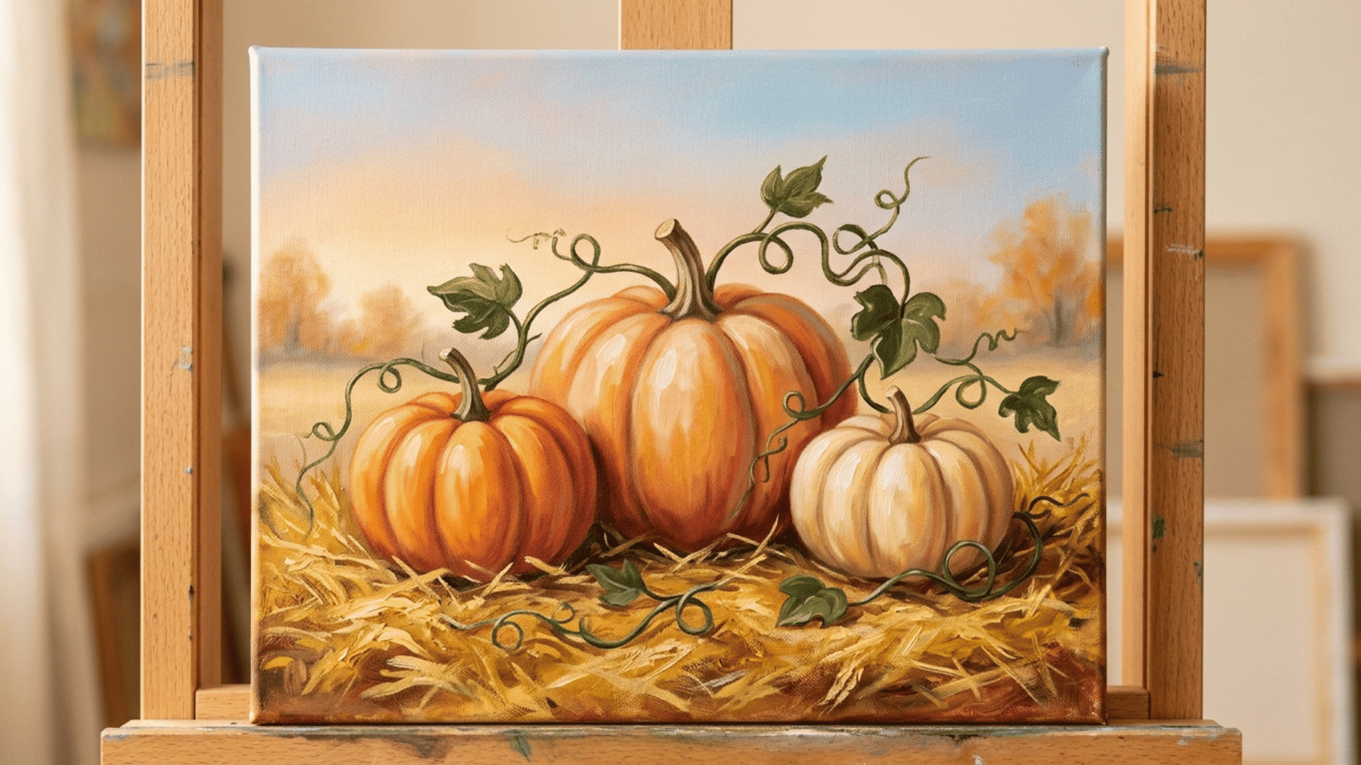 easy canvas painting idea of an orange pumpkin patch under a warm fall sky