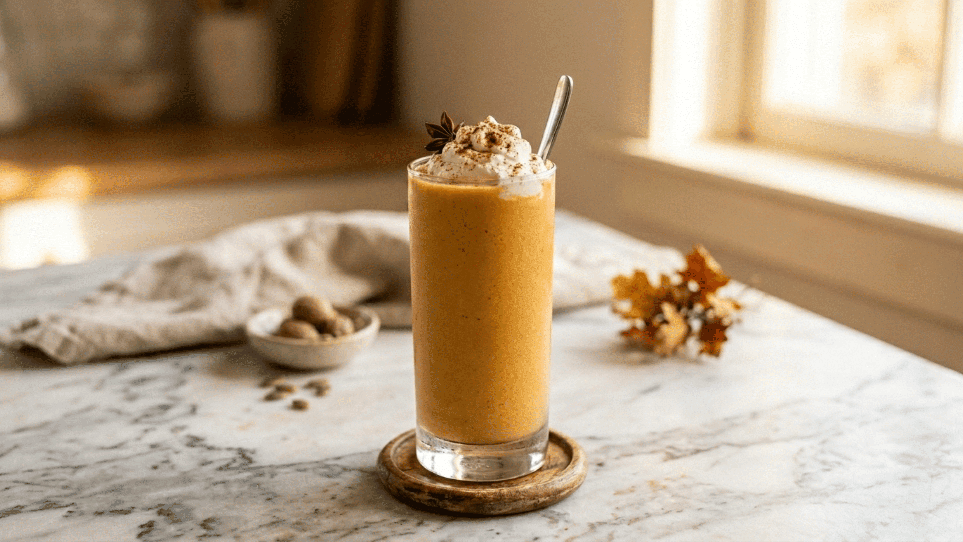 pumpkin spice smoothie in a glass topped with pumpkin spice