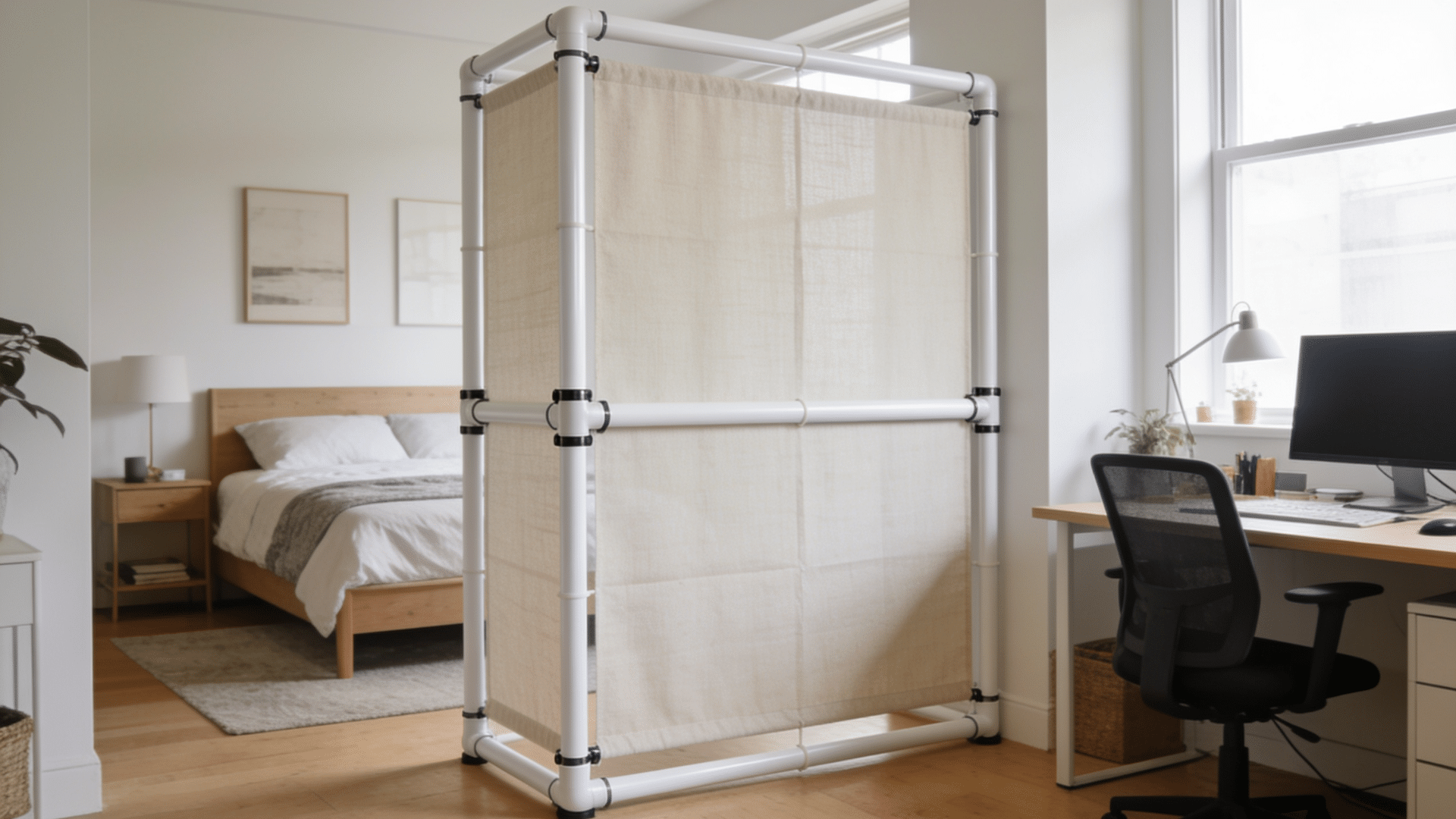 `pvc pipe frame room divider with fabric panels hanging`