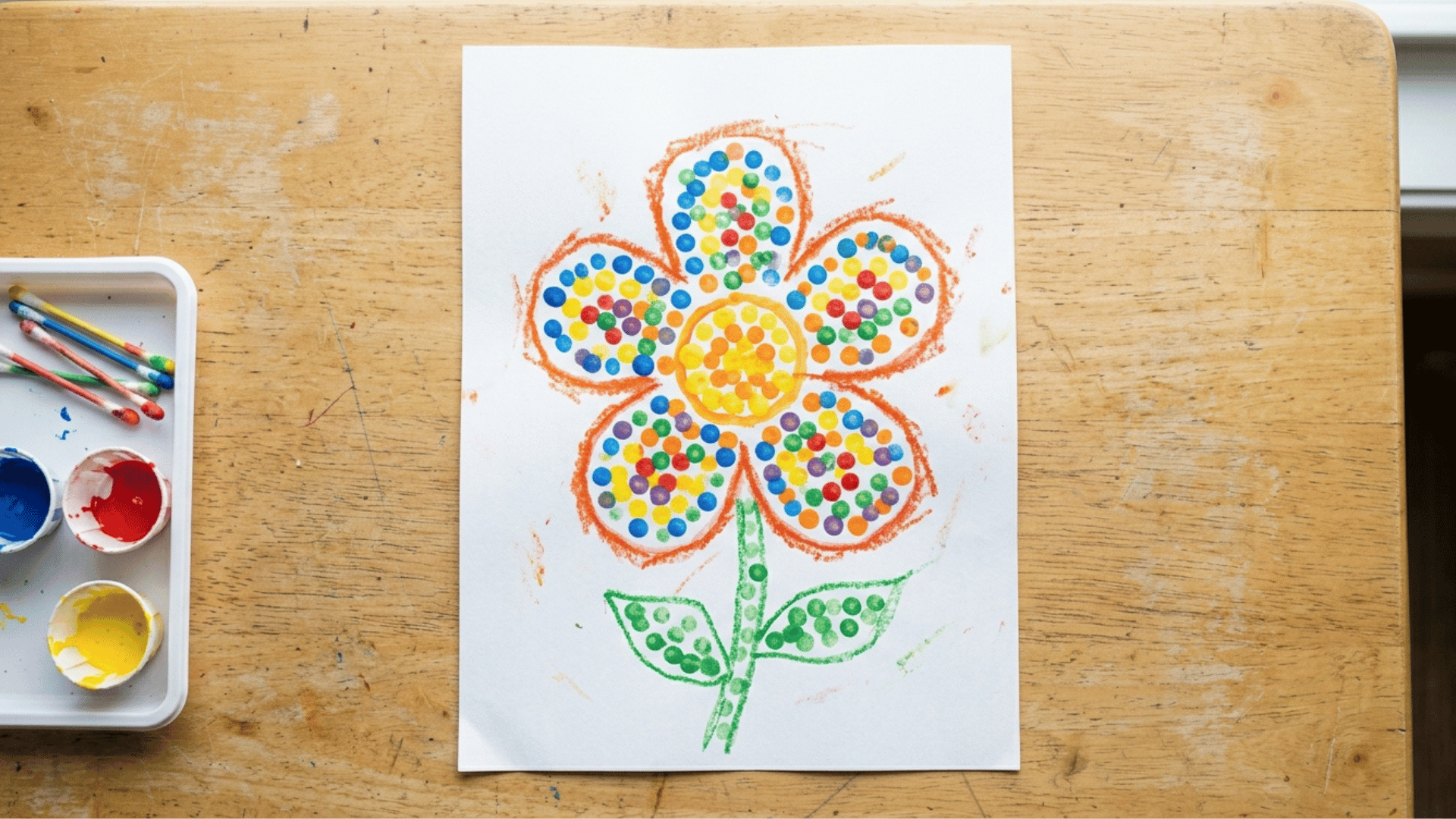 preschooler dot painting of a simple flower shape