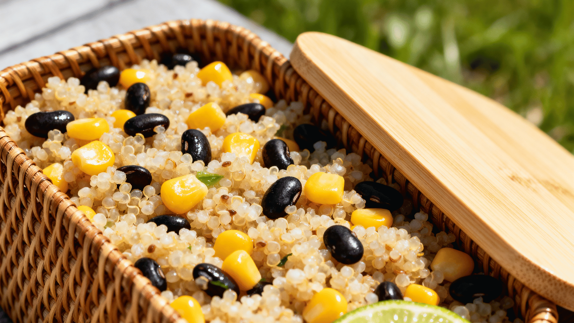 quinoa salad with black beans and corn in a woven rattan-style lunchbox