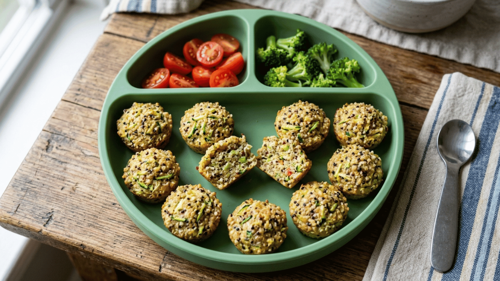 mini quinoa and veggie bites in a divided suction tray for baby