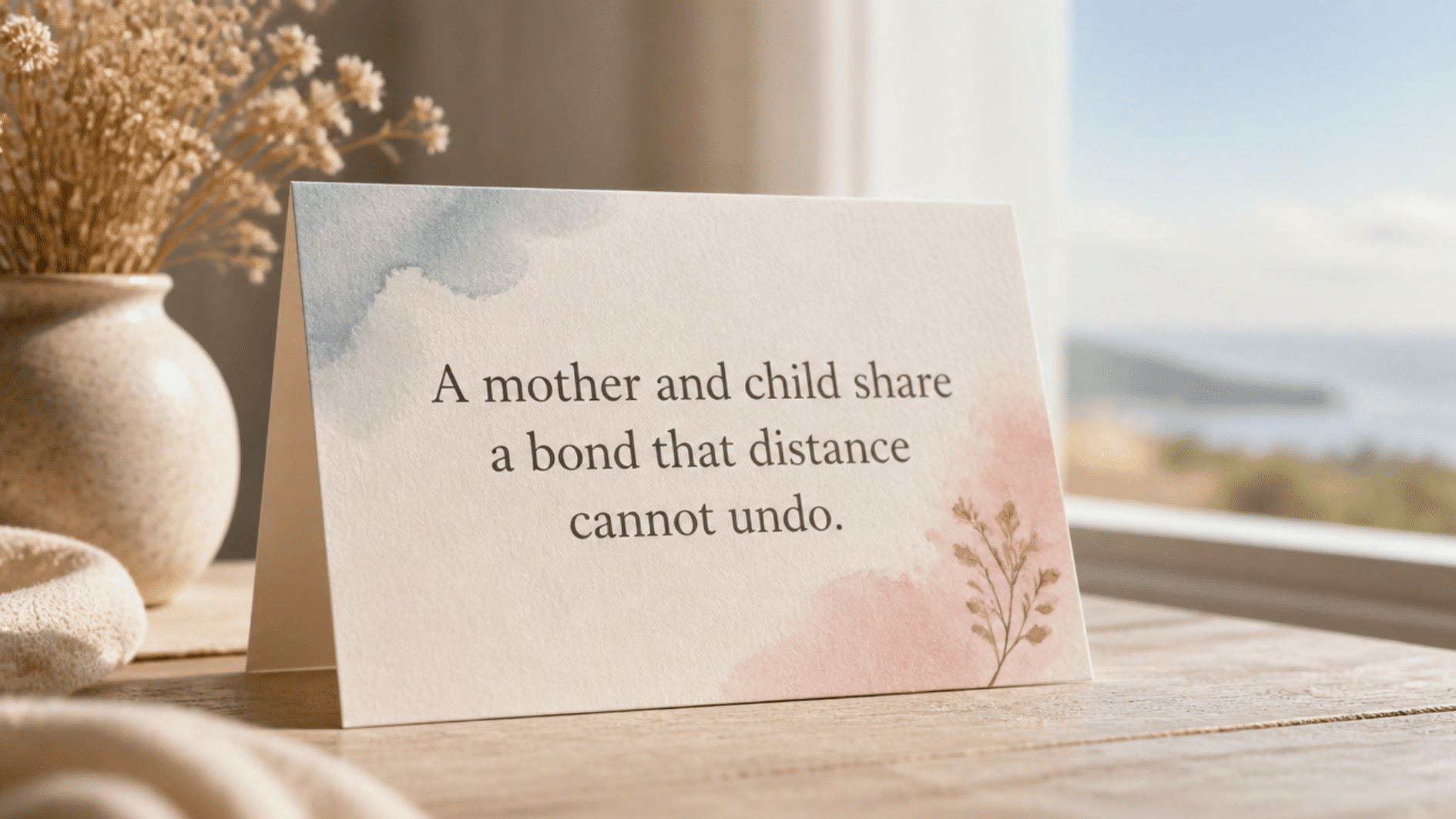 quote card on a wooden table reads a mother and child share a bond that distance cannot undo by a sunny window