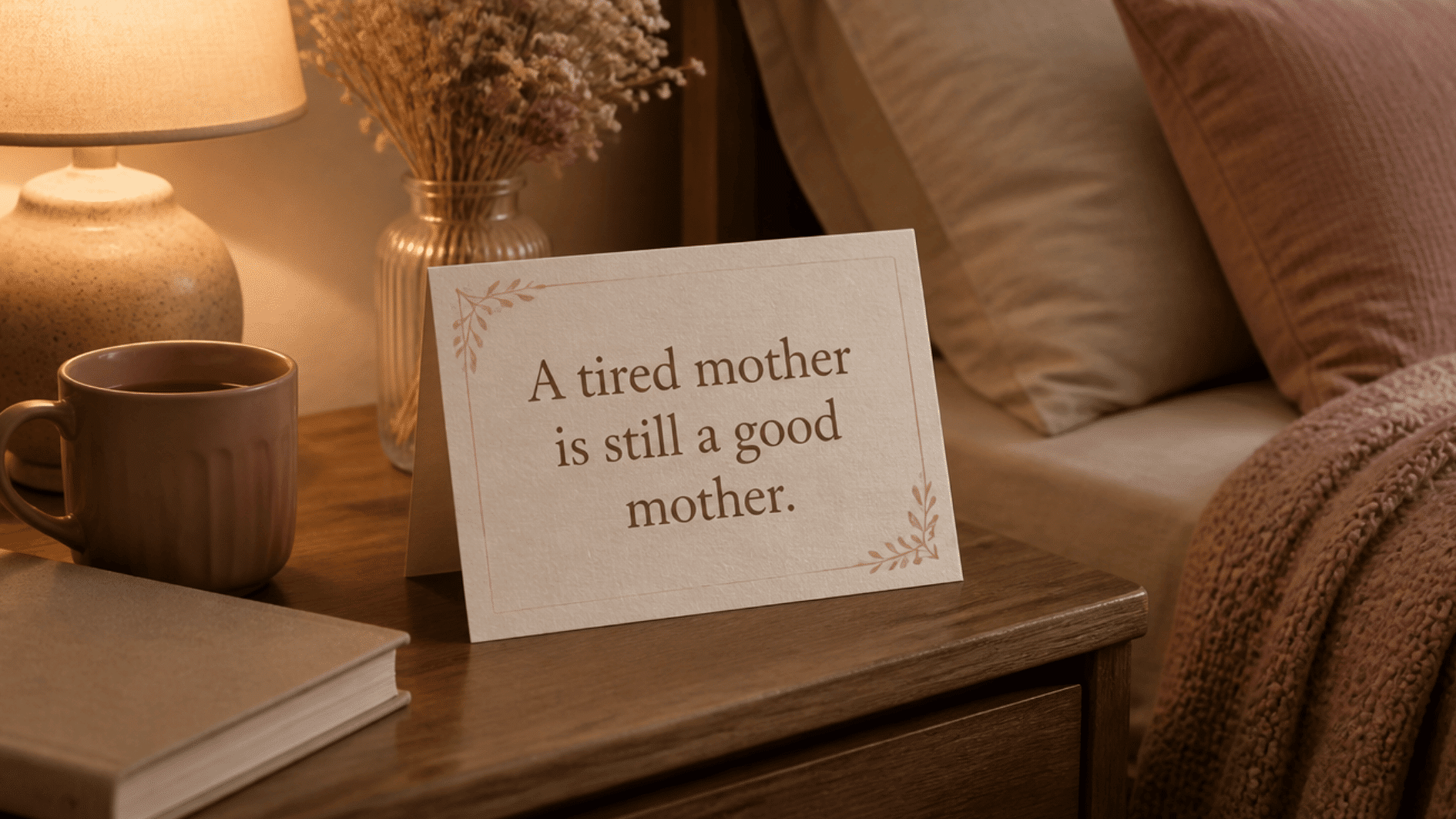 quote card on bedside table reads a tired mother is still a good mother beside warm lamp mug book and flowers.