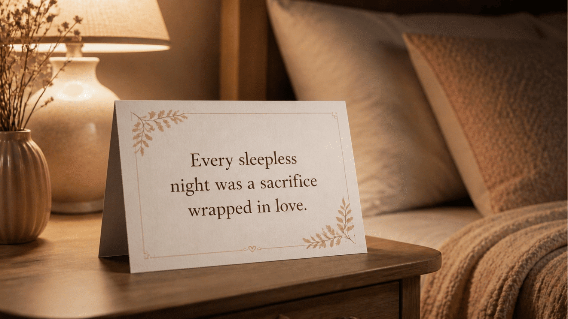 quote card on bedside table reads every sleepless night was a sacrifice wrapped in love beside a warm lamp lit (1)