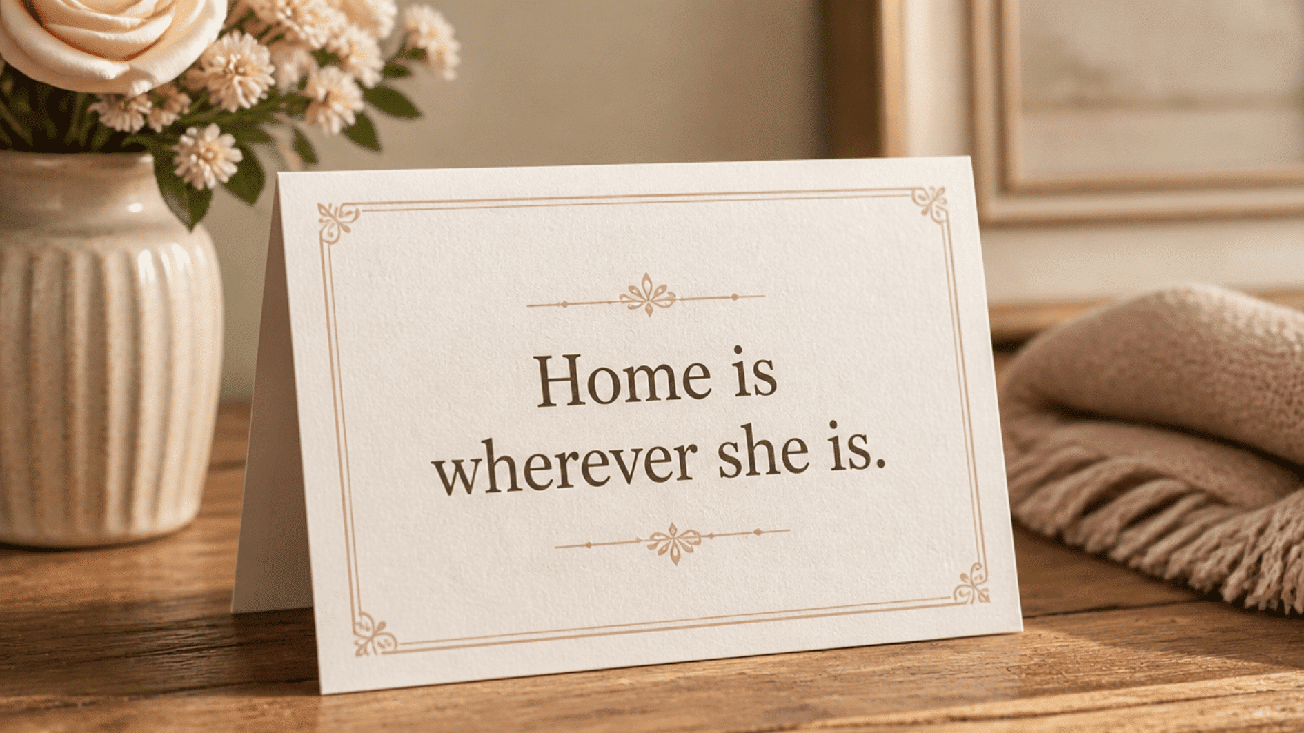 quote card on wooden table reads home is wherever she is beside dry flowers folded blanket and warm home decor