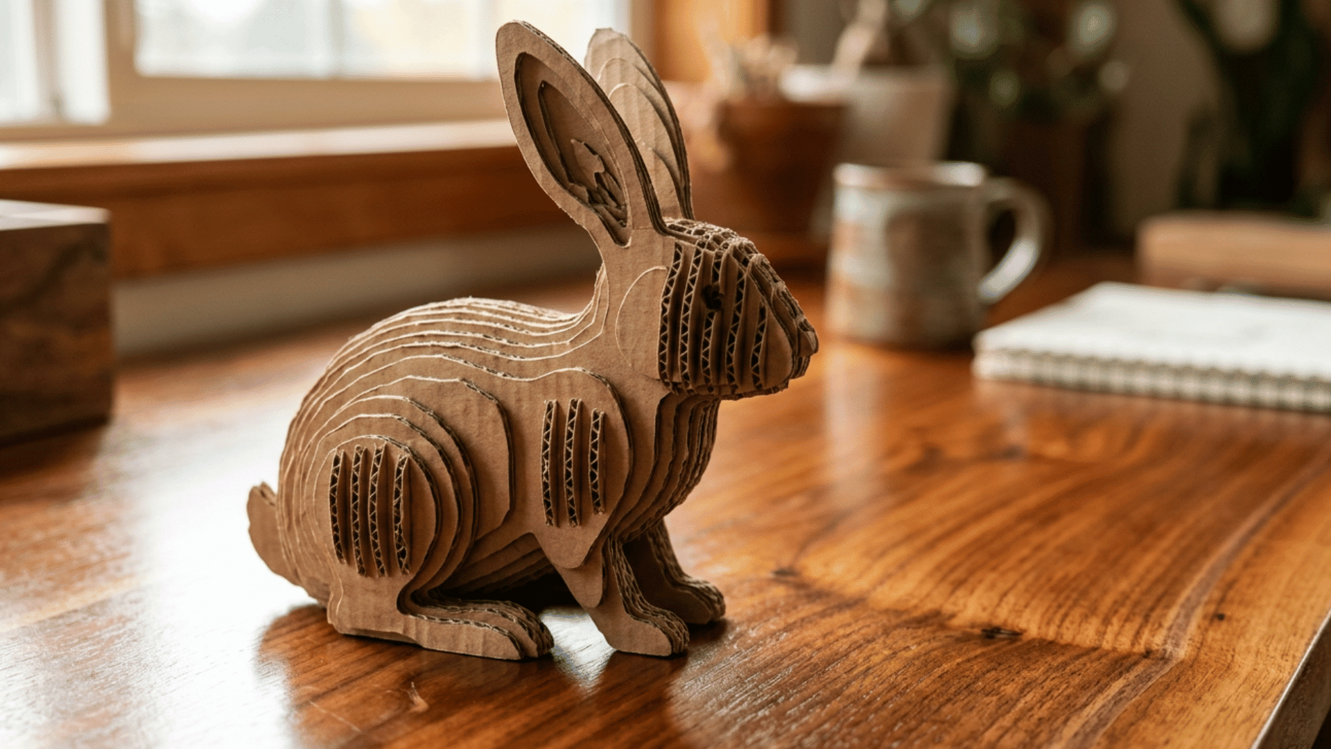 layered cardboard rabbit sculpture made from recycled corrugated cardboard with detailed cutout design for beginners