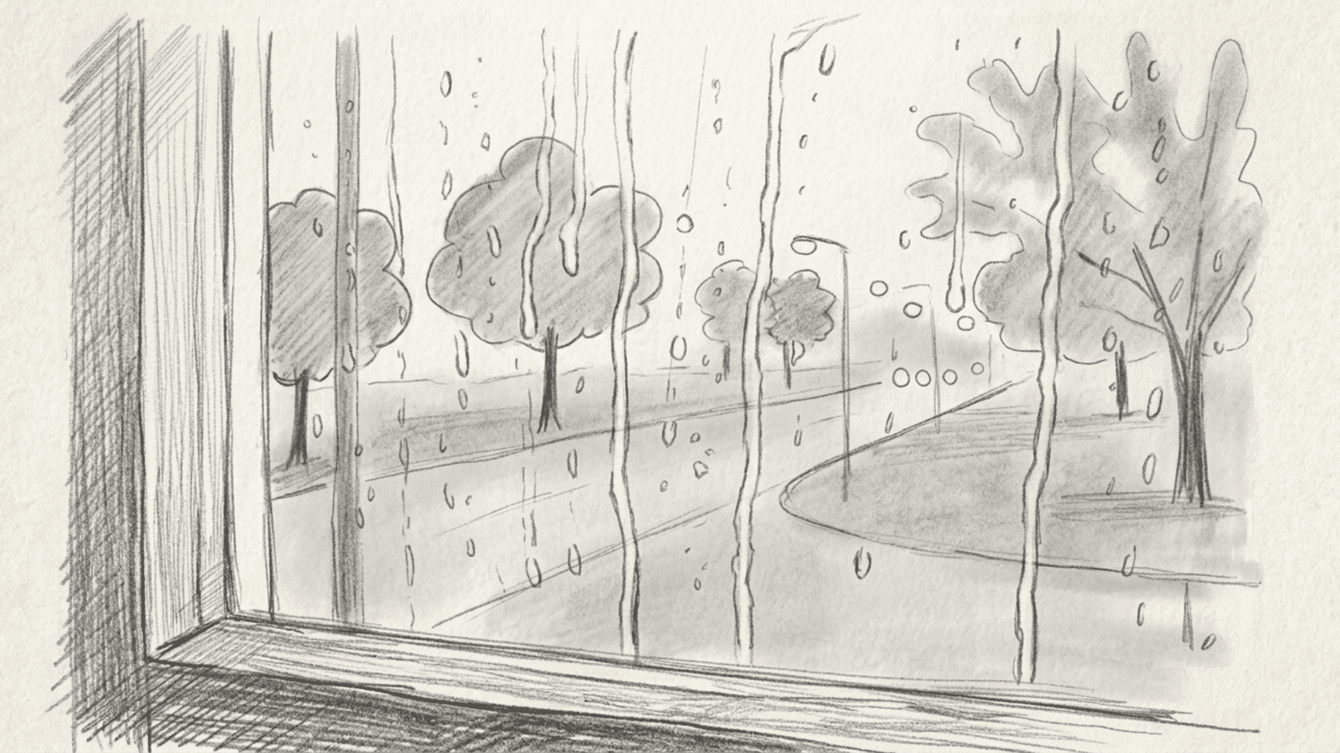 moody pencil sketch of raindrops streaking down a windowpane with a blurred outside view