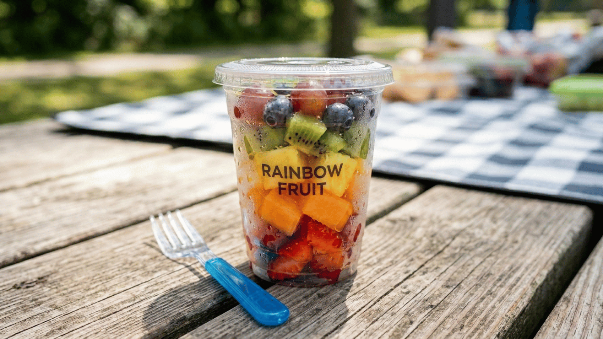rainbow fruit cup packed in an orange plastic lunchbox