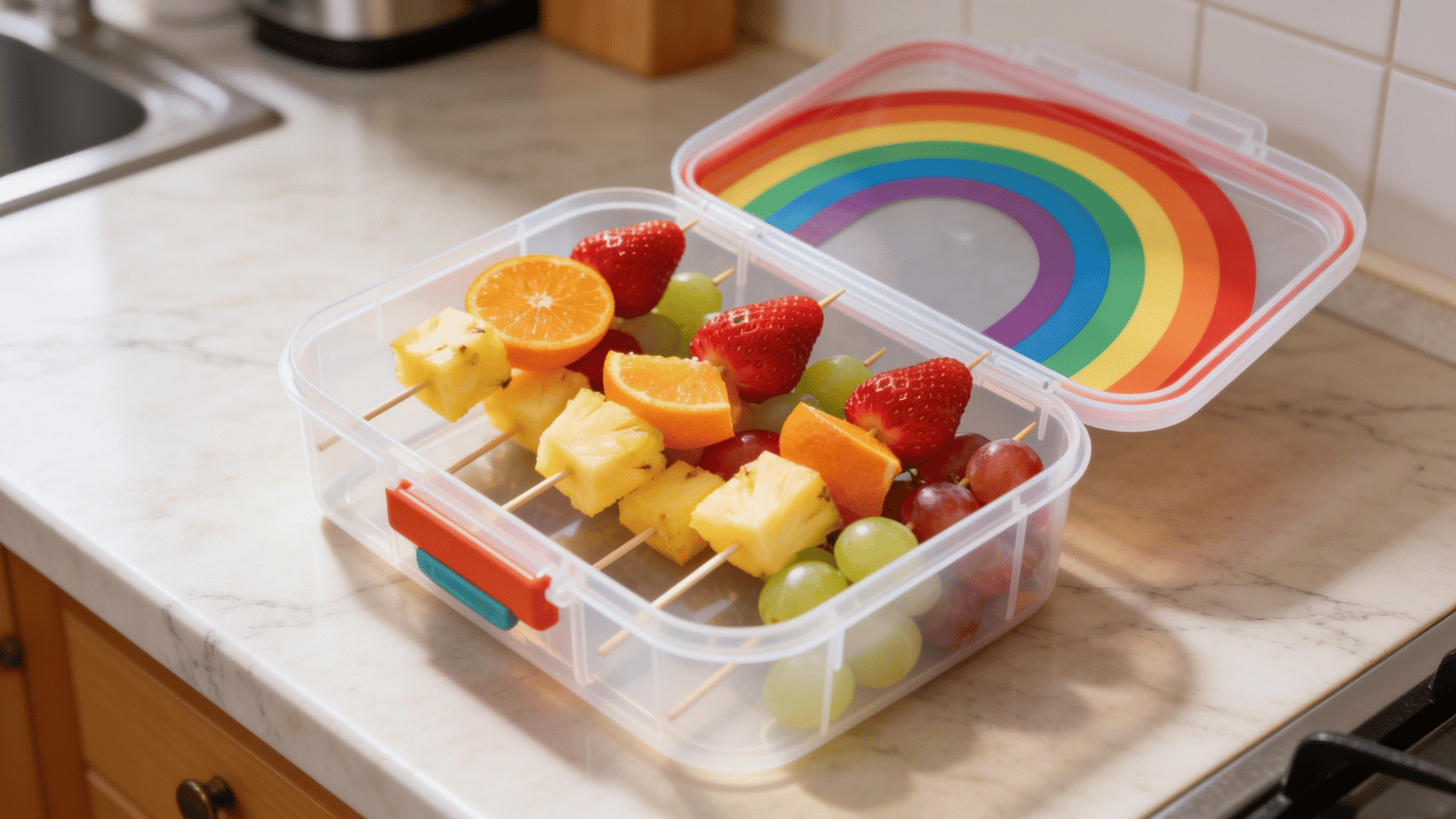 colorful rainbow fruit skewers packed in a clear kids lunchbox