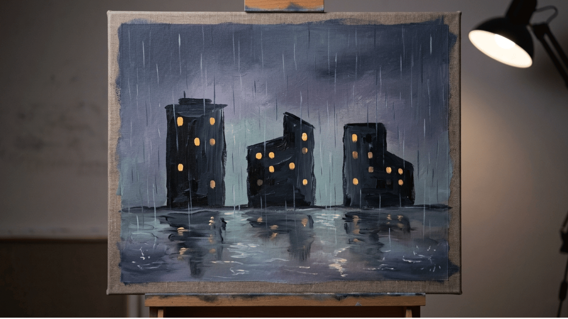 rainy city skyline reflected on wet ground