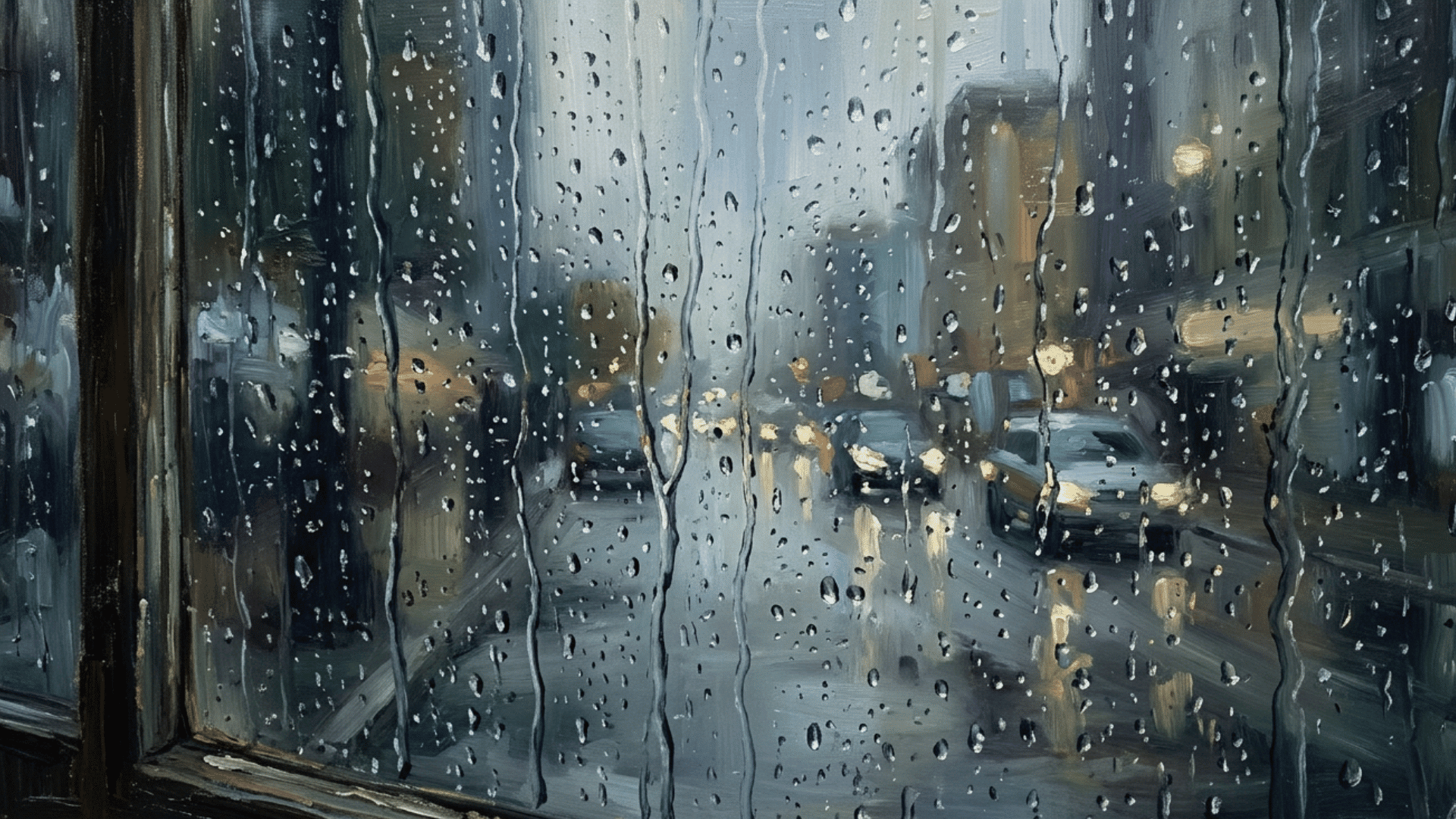 dreamy rain on window painting with soft gray background and gentle blue streaks creating a calm atmosphere