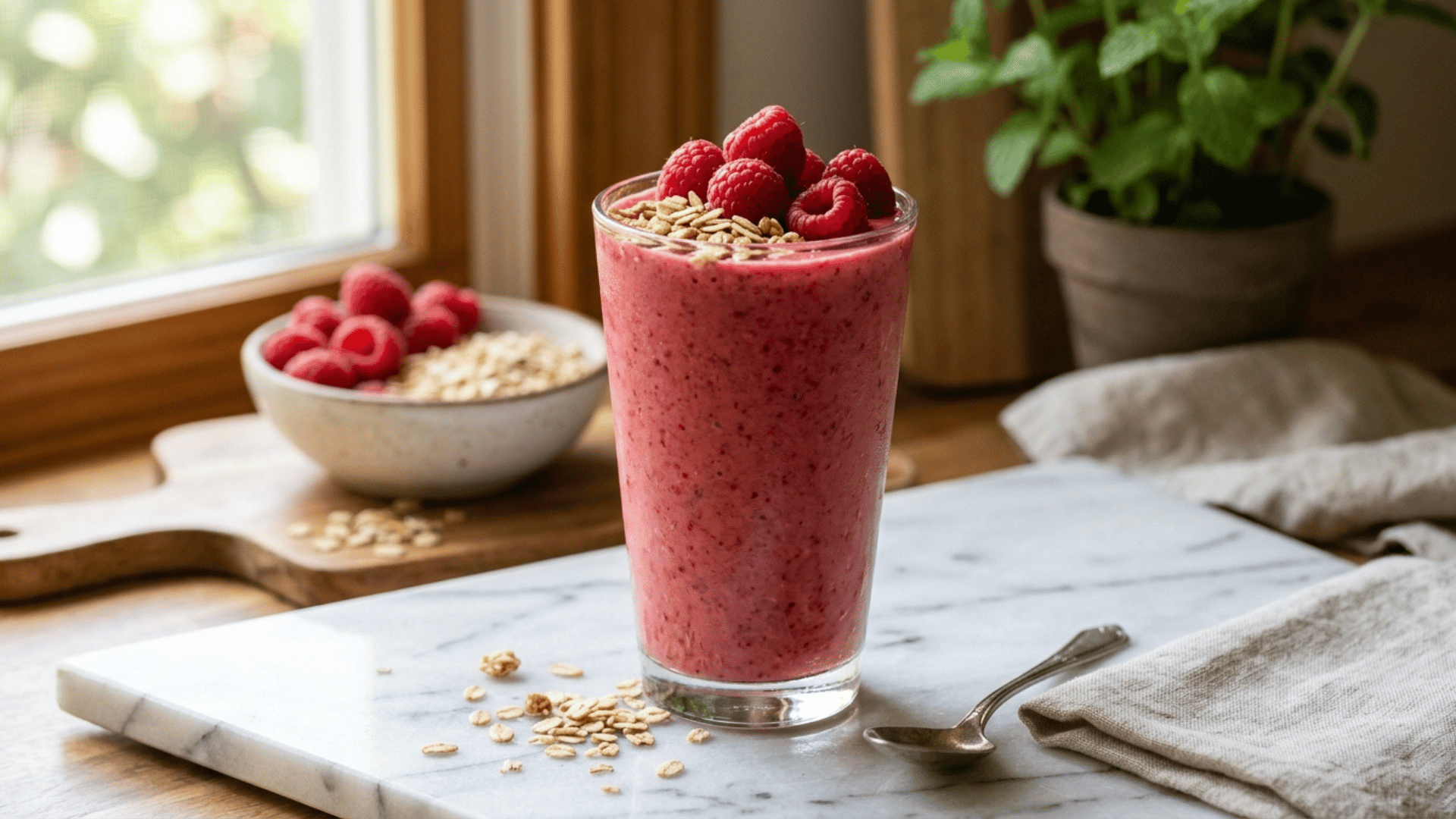 raspberry banana oat smoothie in a glass topped with raspberries