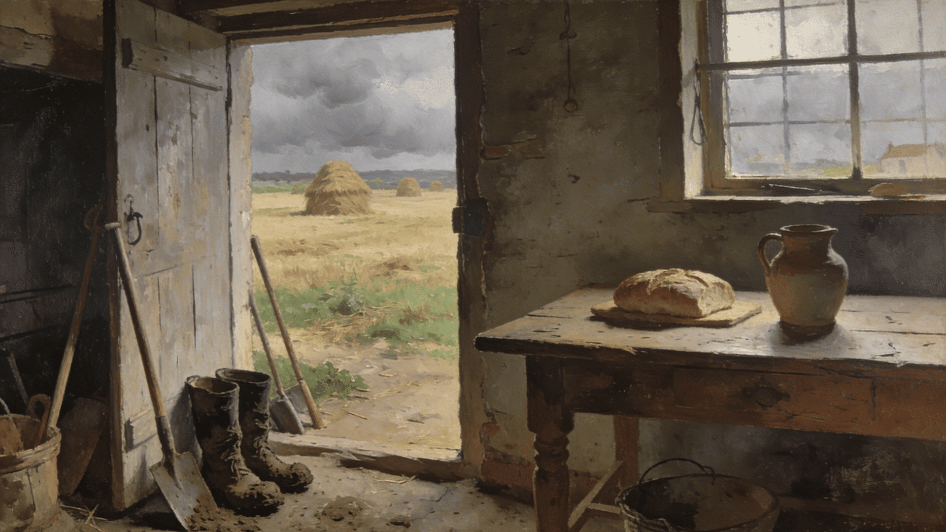 realism style rural farmhouse interior with wooden table bread jug muddy boots and open doorway showing fields with haystacks under cloudy sky