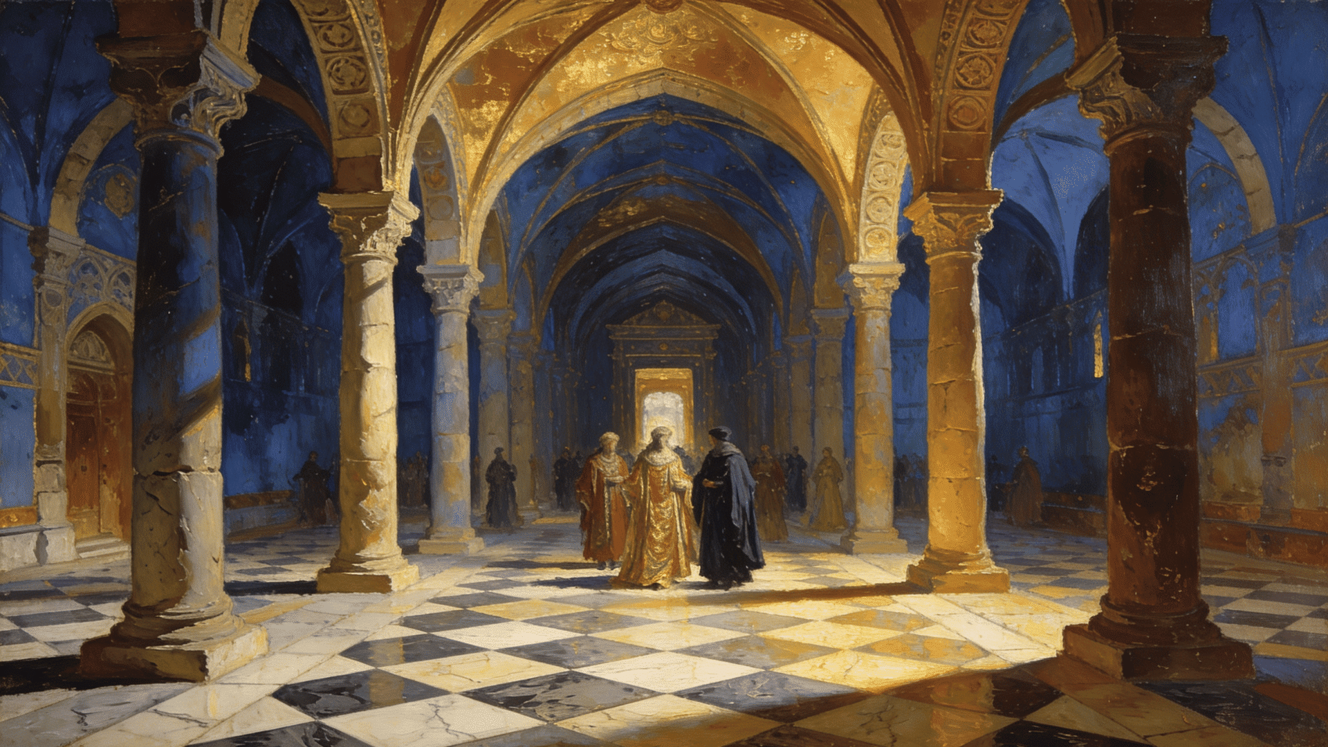 renaissance style oil painting of grand arched corridor with classical statues, easels and warm golden sunlight