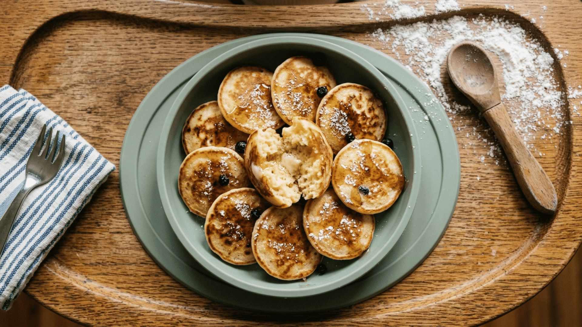 mini ricotta pancake bites on a round suction plate as an easy baby led weaning recipe
