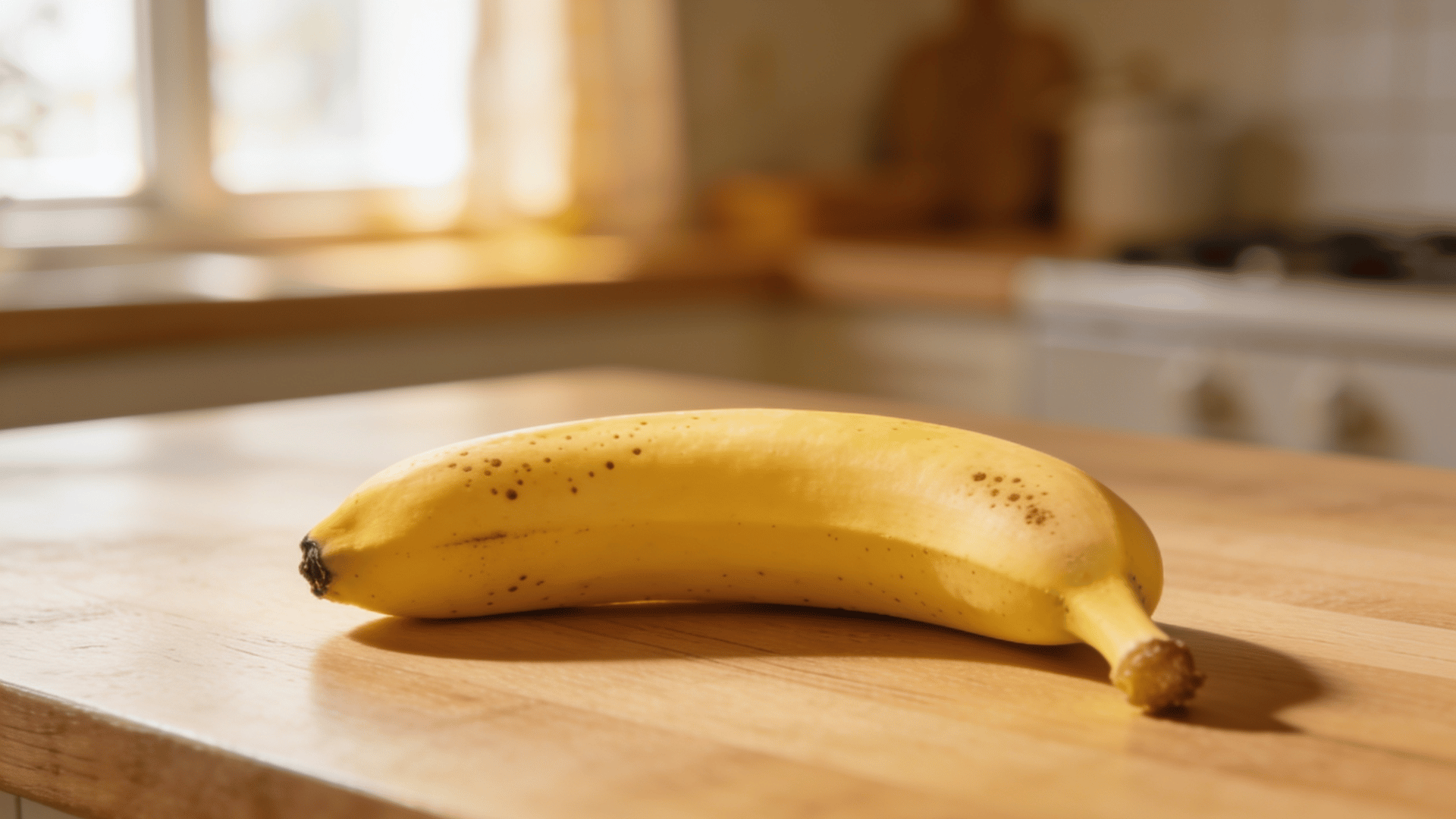 ripe banana resting on wooden kitchen table in warm light with blurred background and soft natural morning toneclose look