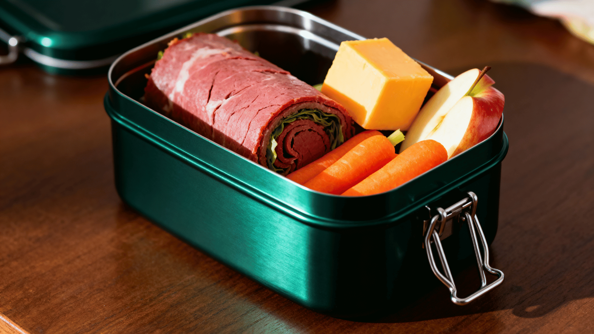 roast beef roll, cheddar cube, baby carrots, and apple slices in a forest-green steel lunchbox