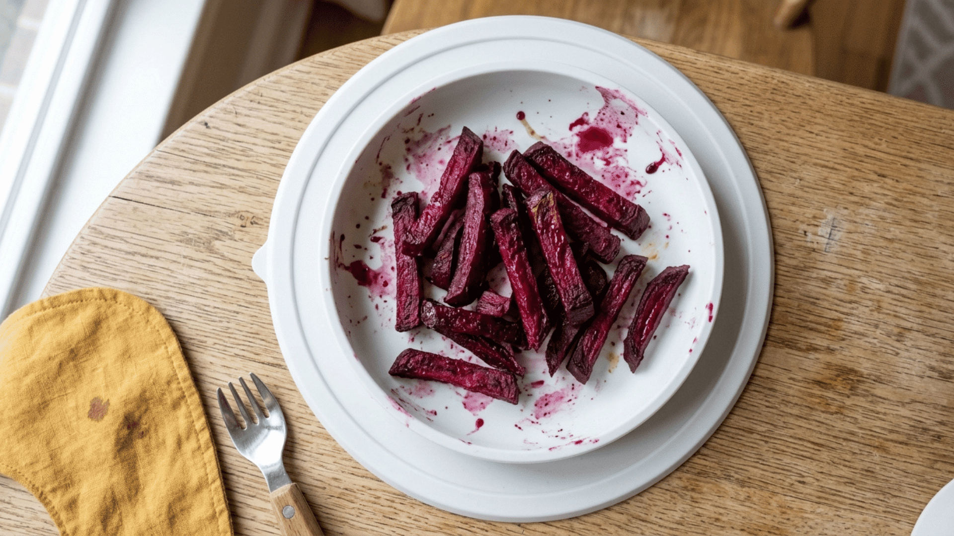 roasted beet sticks served on a white silicone suction plate for baby