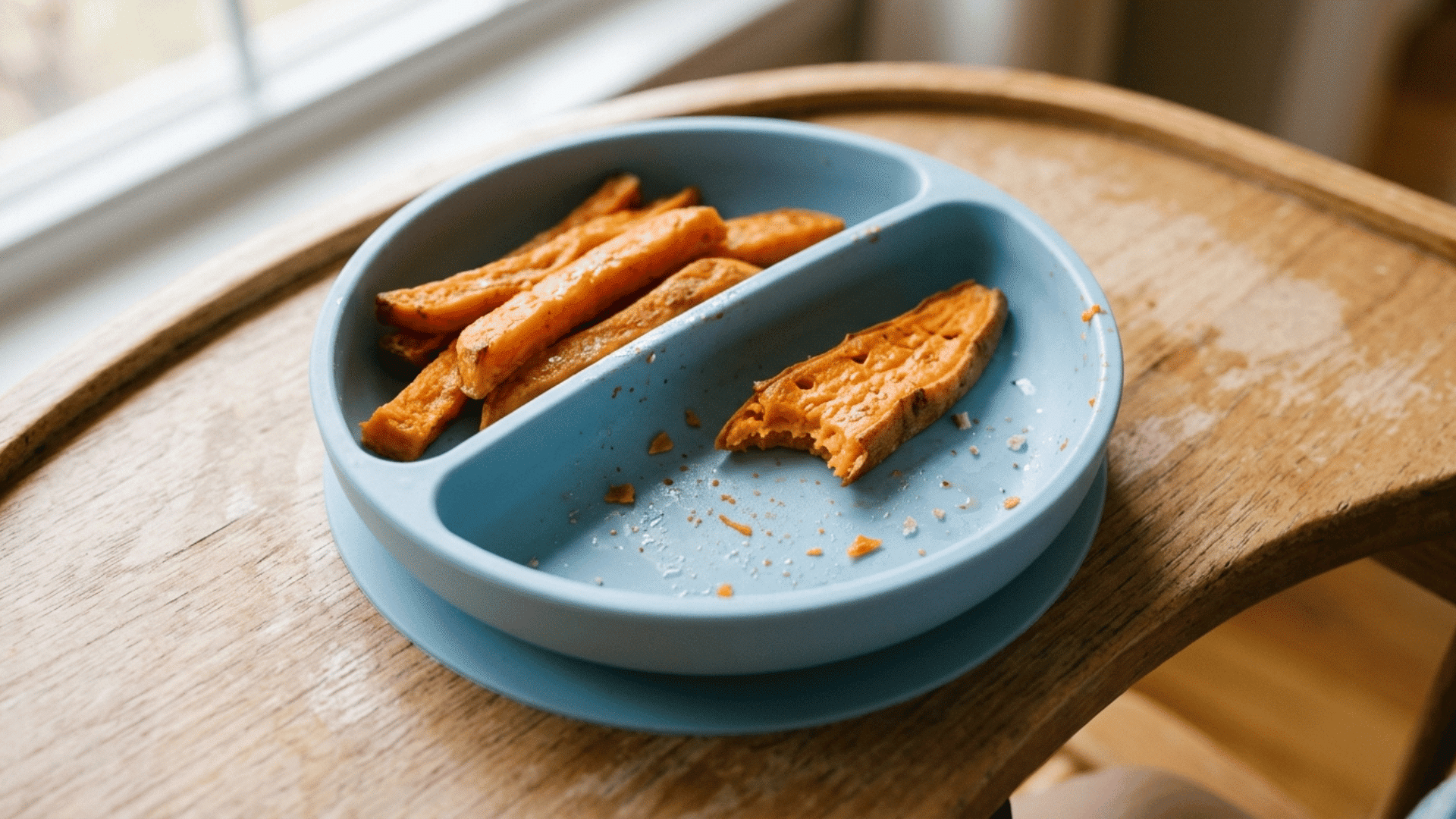 roasted sweet potato finger strips served on a silicone suction plate for baby-led weaning