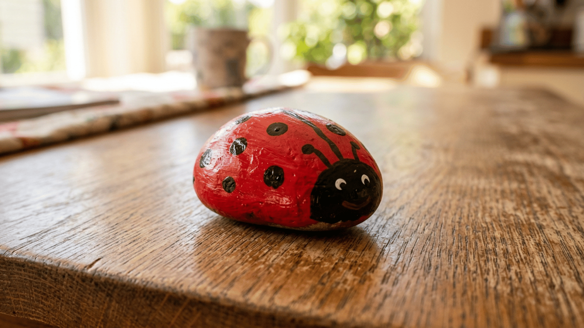 preschooler painted rock designed to look like a ladybug