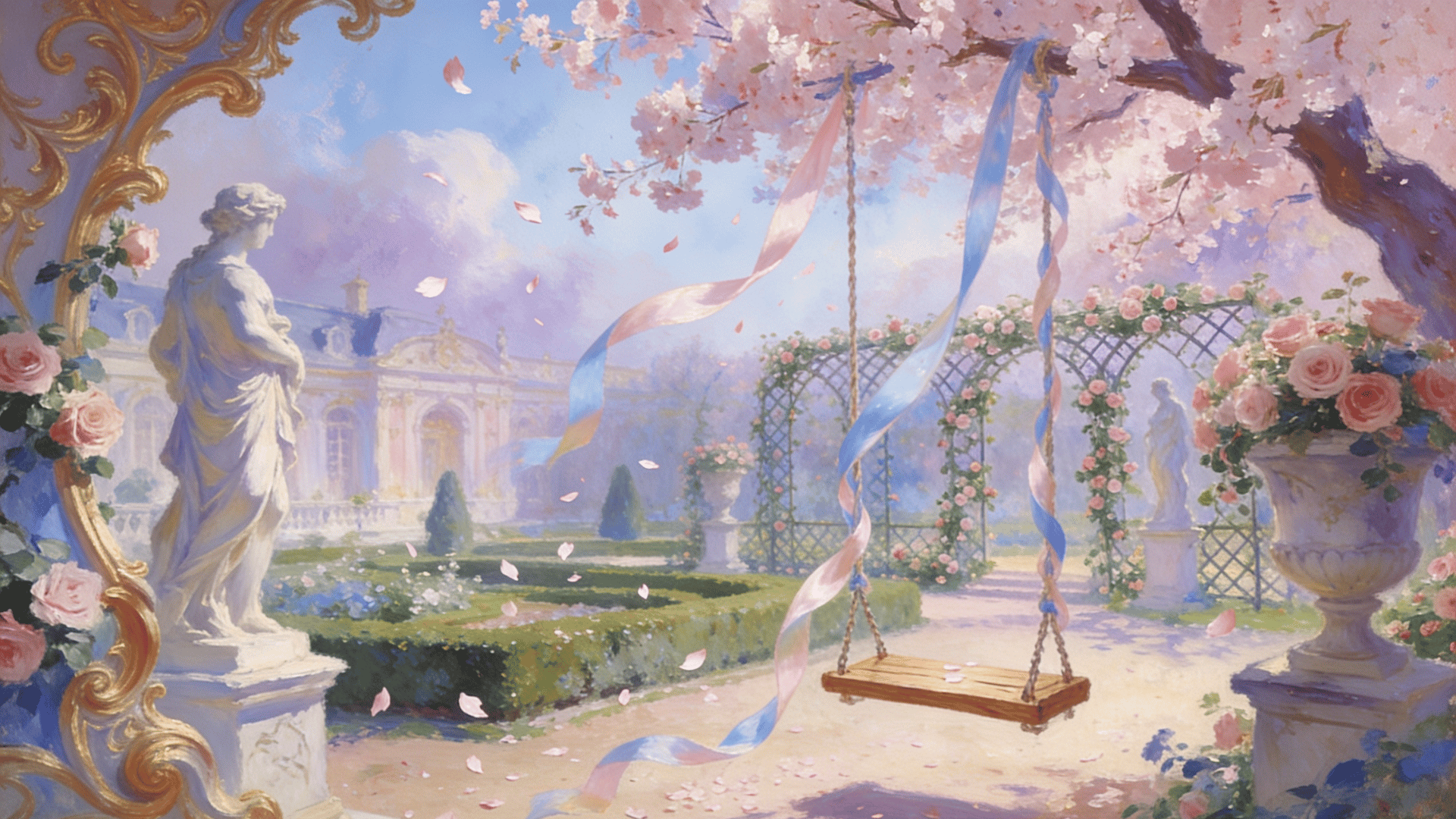 rococo style garden scene with cherry blossom trees floral arches marble statues flowing ribbons and soft pastel sky with light romantic atmosphere