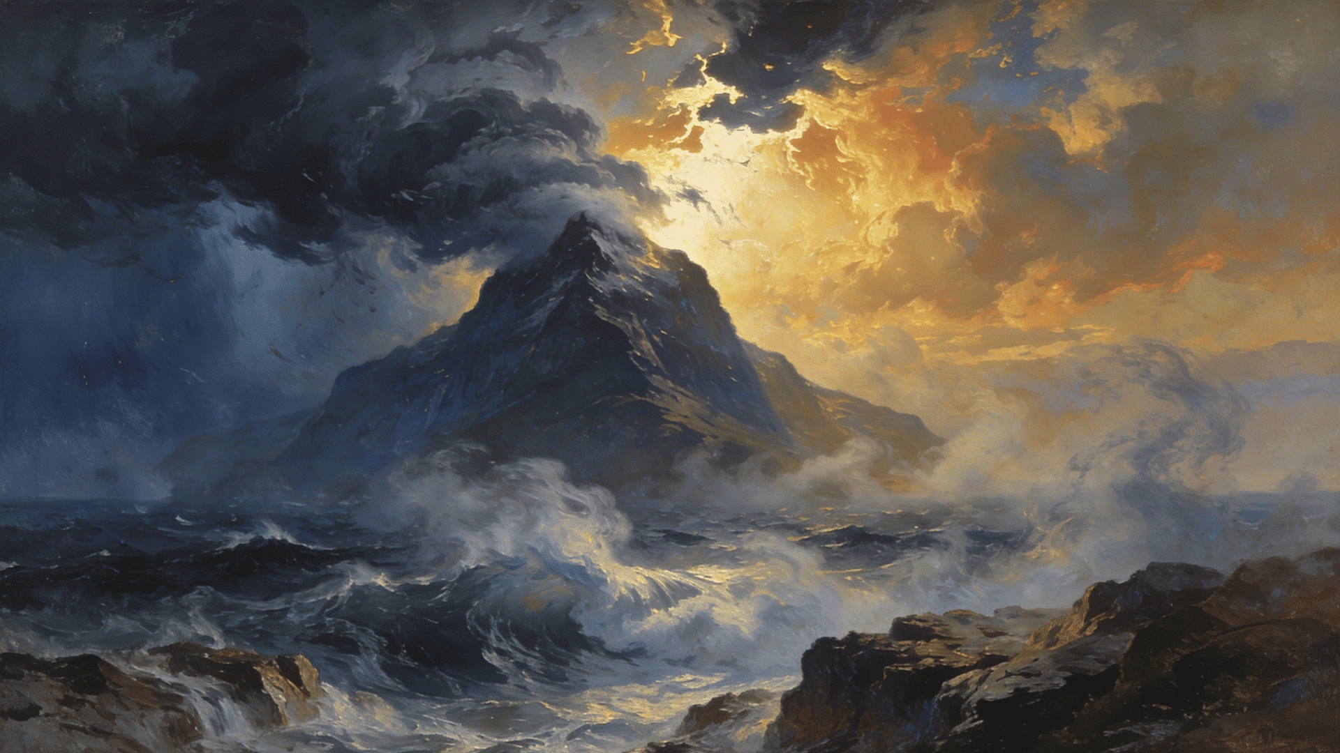 romanticism style dramatic seascape with stormy ocean waves dark cliffs and glowing golden light breaking through clouds over mountain silhouette