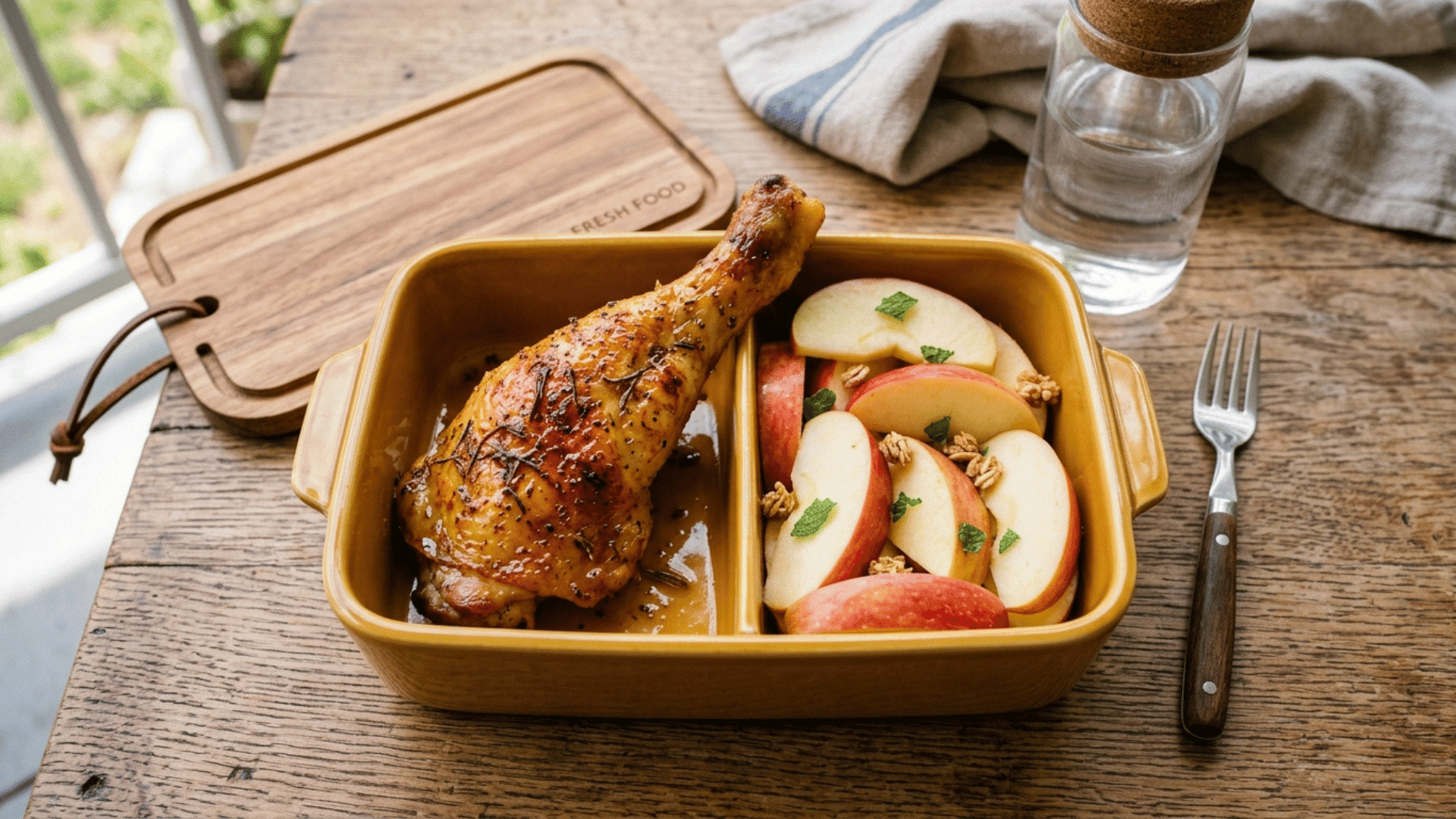 rotisserie chicken drumstick and apple slices in a mustard-yellow ceramic lunchbox