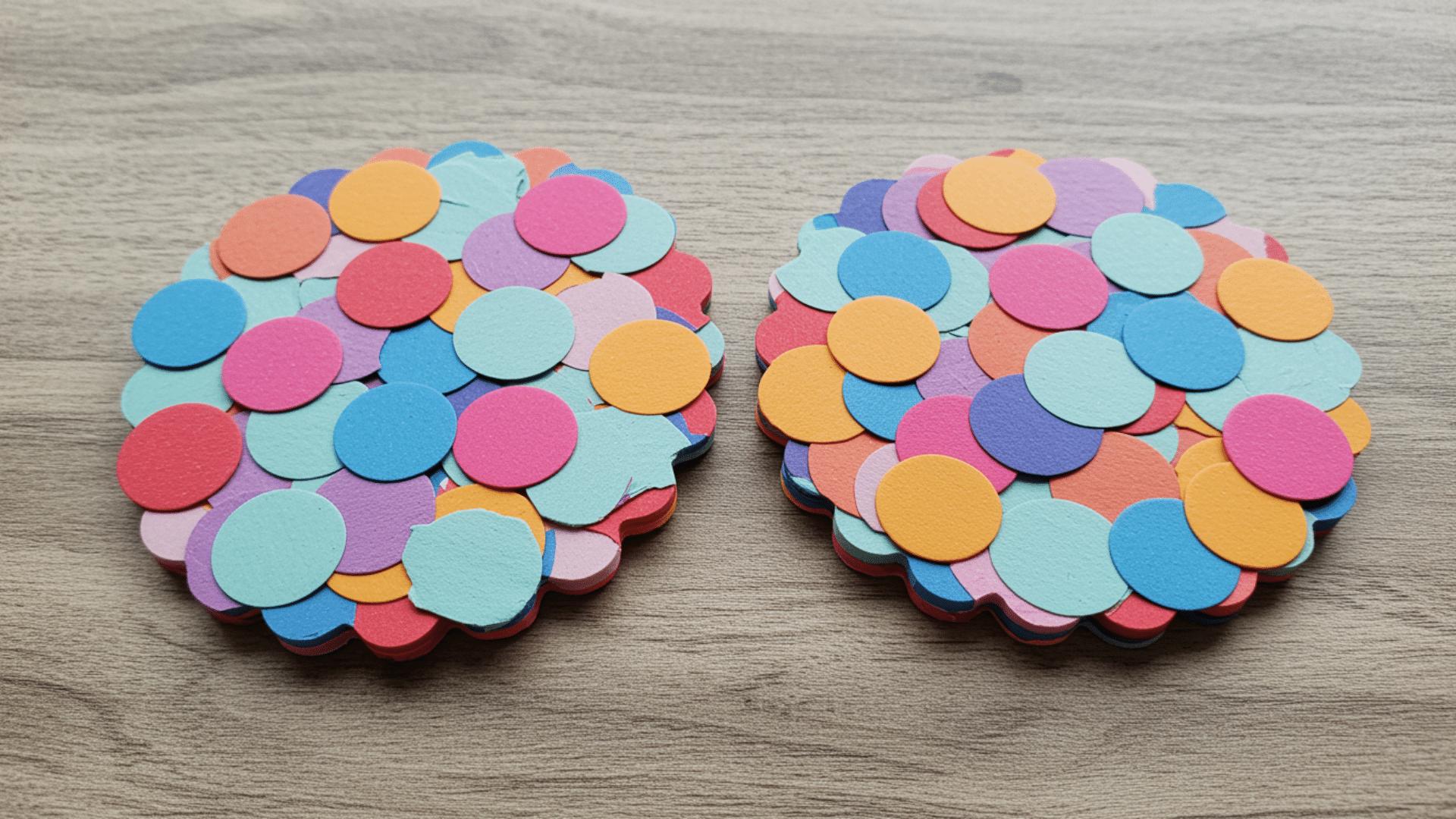 round coaster with bright multicolored confetti pieces glued on top of the coaster made from cardboard and paper inside