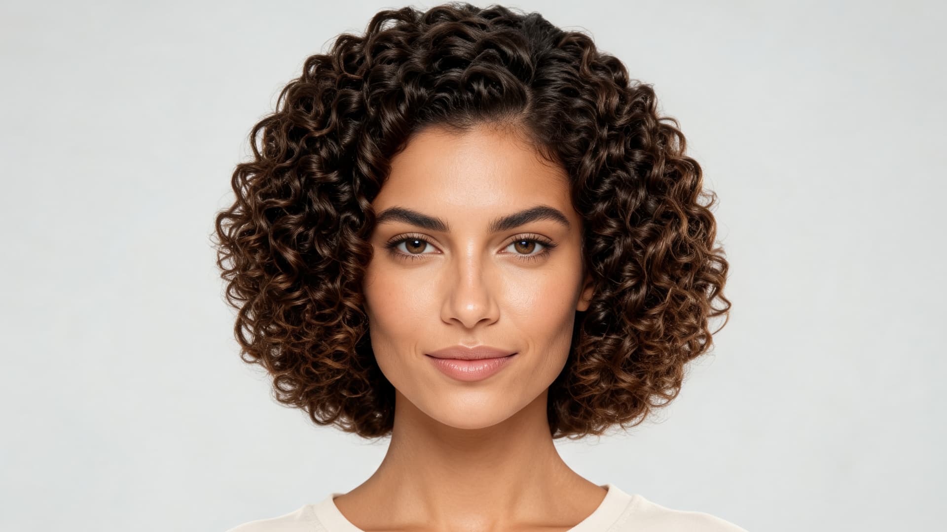 rounded curly bob hairstyle with thick curls forming a balanced shape around the face