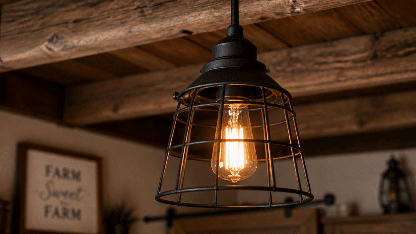 rustic barn style ceiling light hanging in a warm cozy interior, featuring a matte black metal cage frame with an edison bulb glowing amber, weathered wood ceiling beams in the background