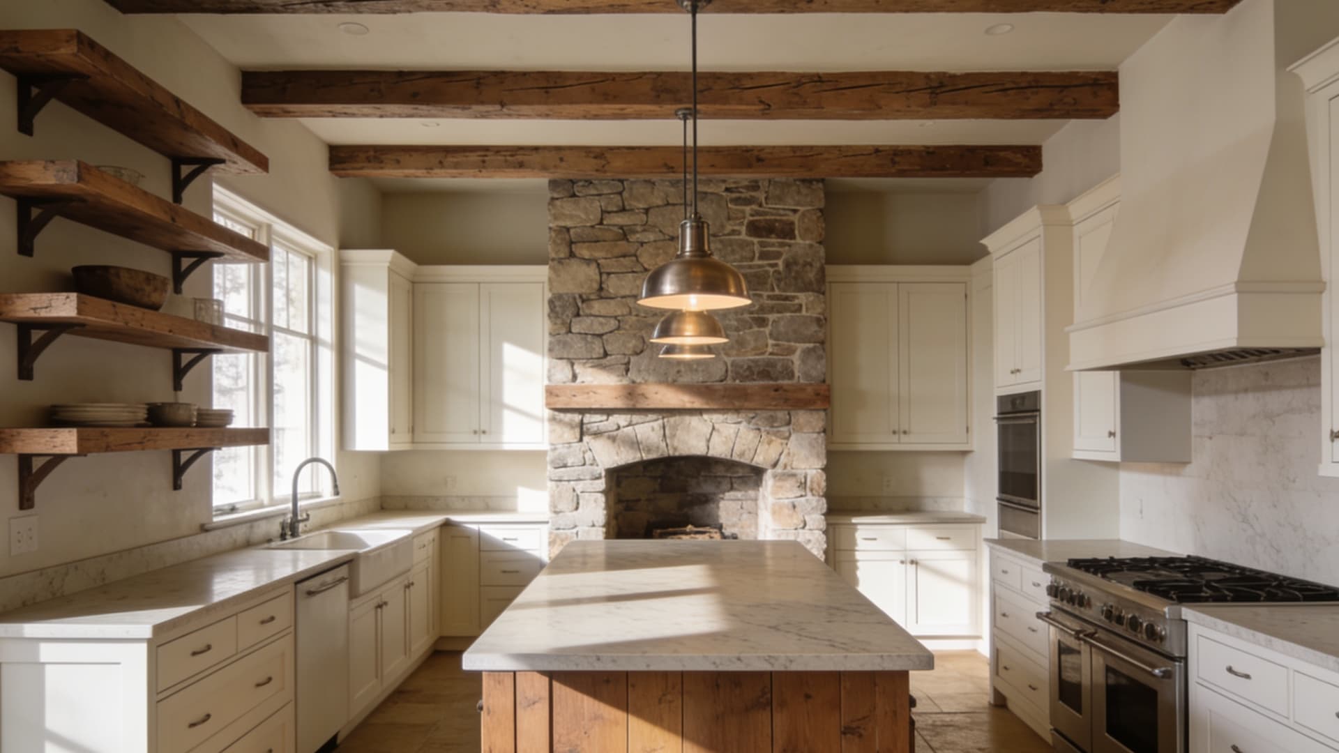 rustic modern farmhouse kitchen with aged oak shelves, quartz counters, exposed stone, and simple pendant lights