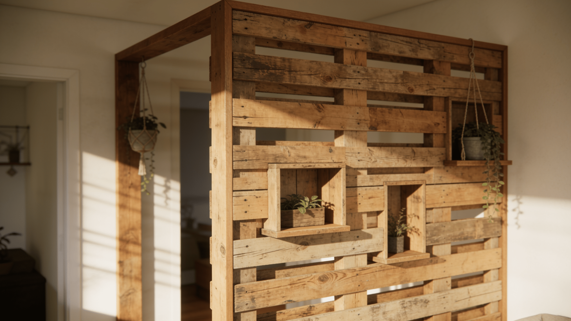 `rustic pallet wood room divider standing against a wall`