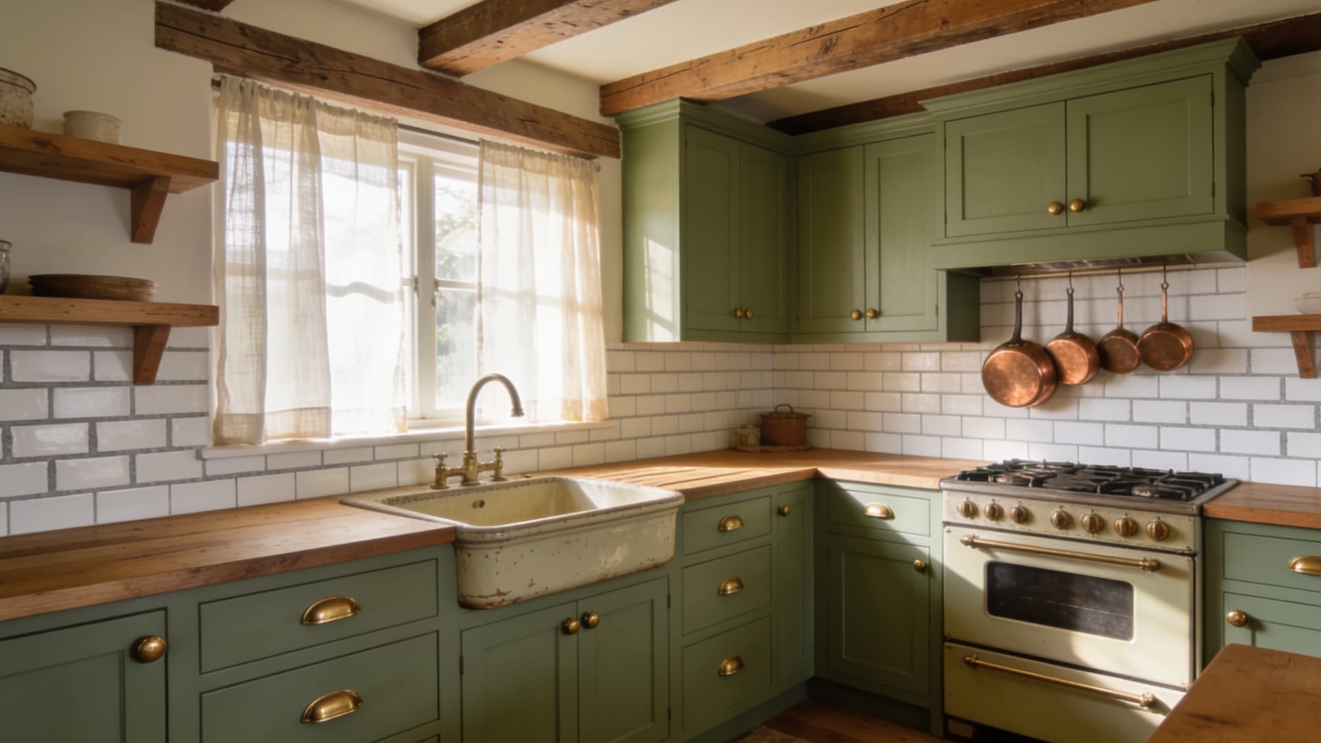sage green cabinets with cream walls, brass hardware, white tile, natural wood, and pale stone countertops