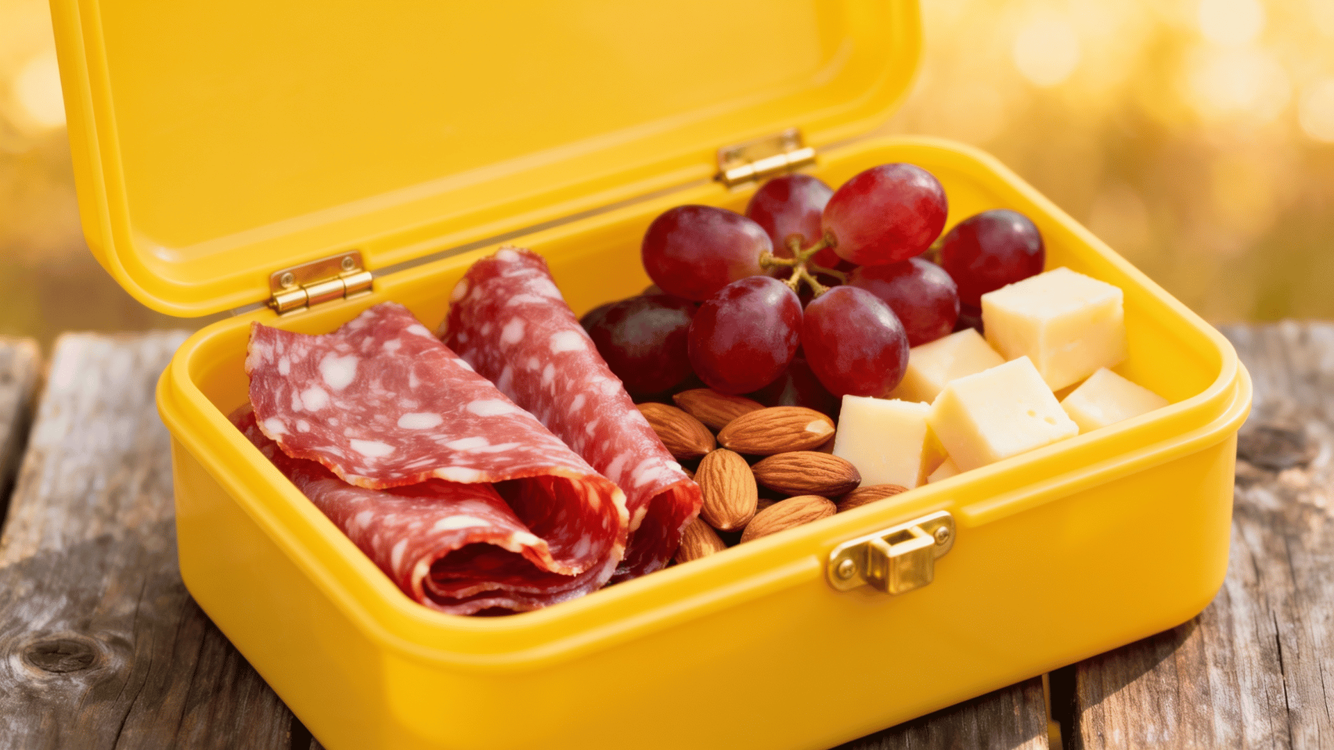 salami, grapes, almonds, and cheese cubes in a walnut-wood bento box with brass clasps