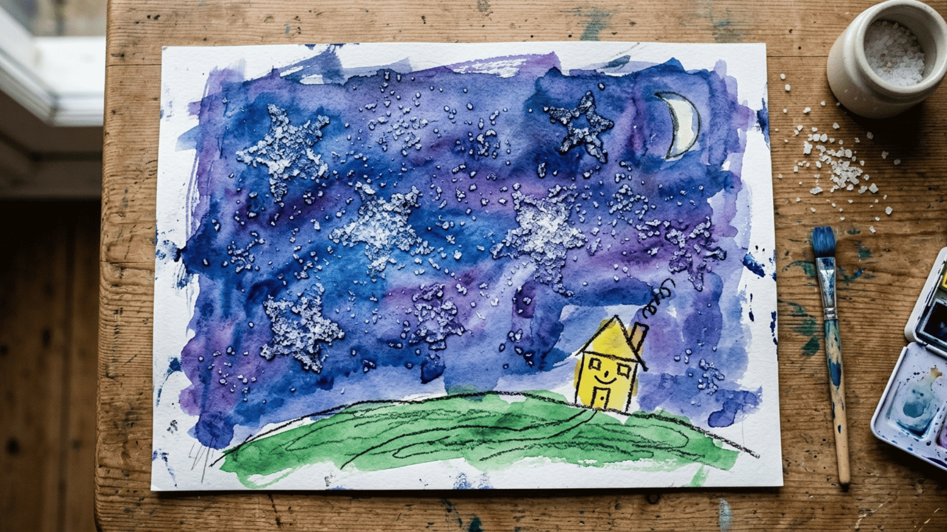 preschooler watercolor painting with crystallized salt texture stars