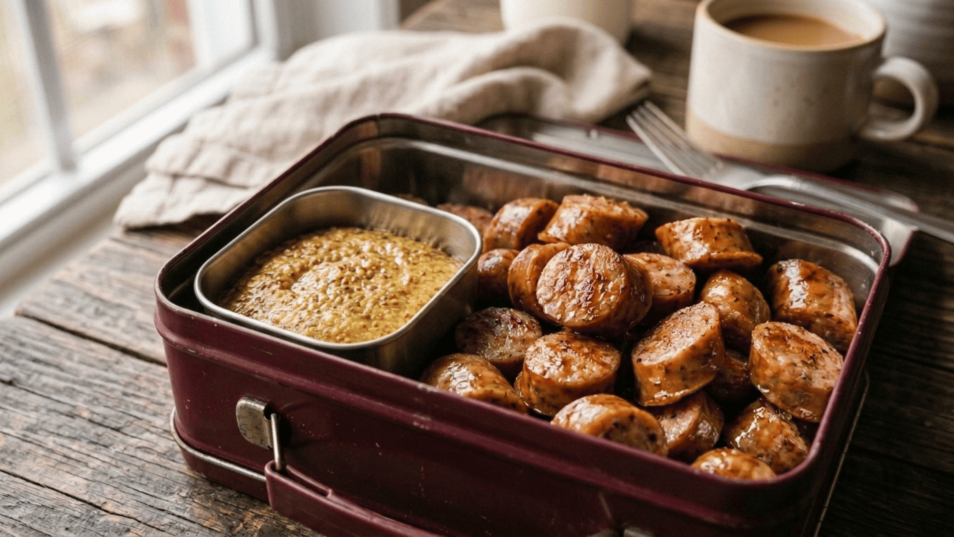 sliced sausage bites with mustard in a deep burgundy enamel lunch tin