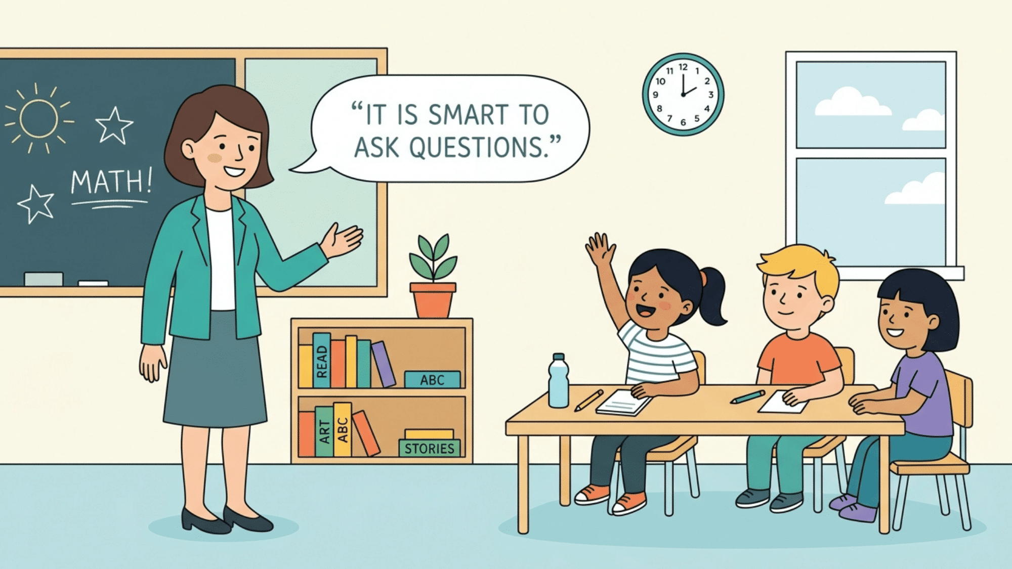 teacher encouraging students as they participate and learn together in a classroom setting