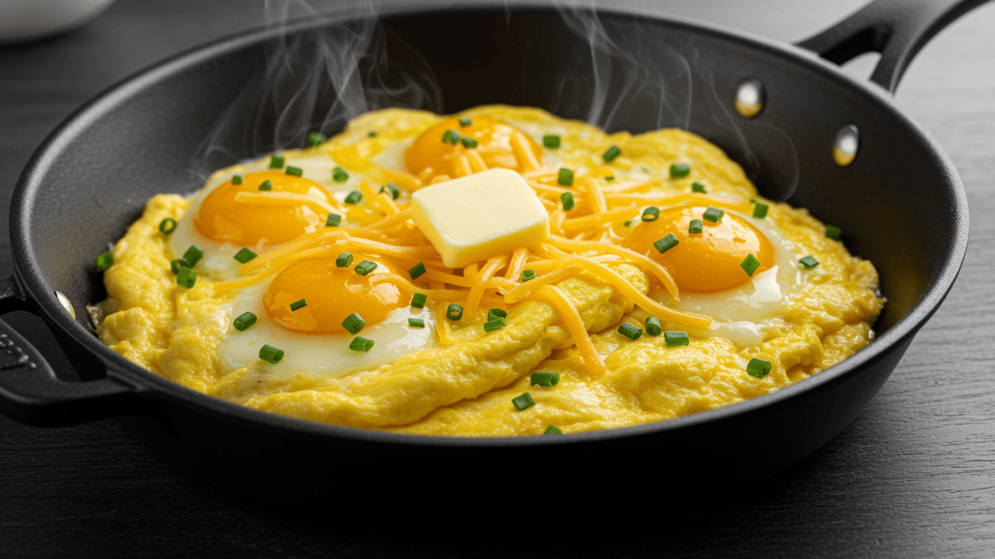 scrambled eggs with melted cheddar, buttered skillet, garnish of chopped chives, warm steam rising