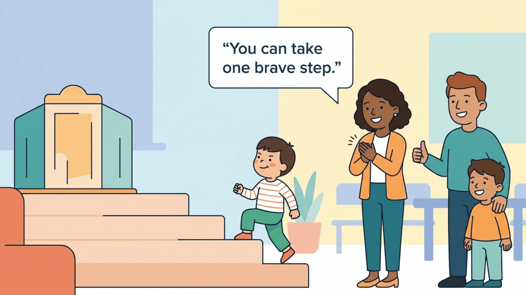 child taking a brave step forward with support from encouraging adults nearby