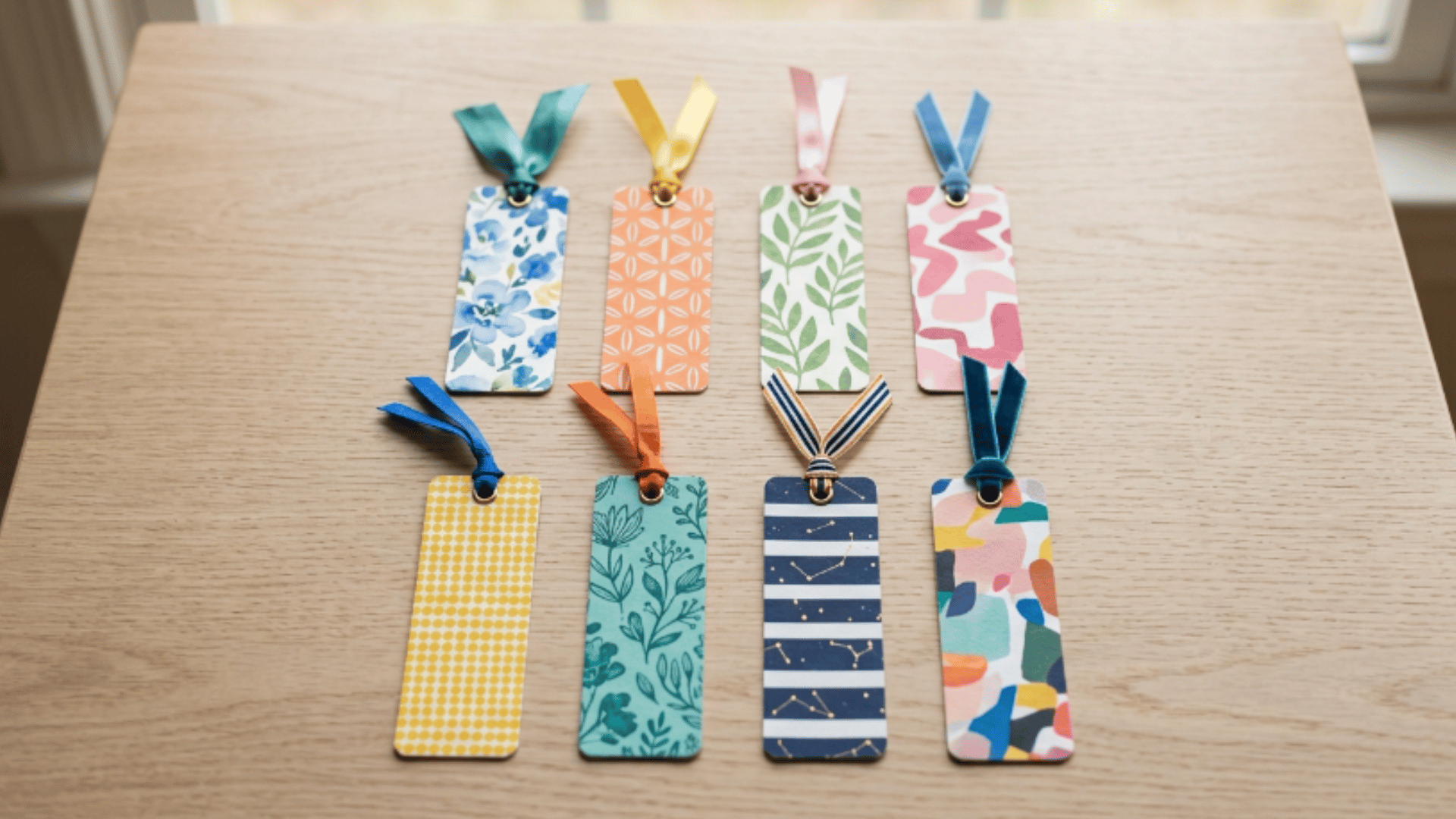 set of handmade paper bookmarks with ribbons and colorful designs arranged neatly on a table