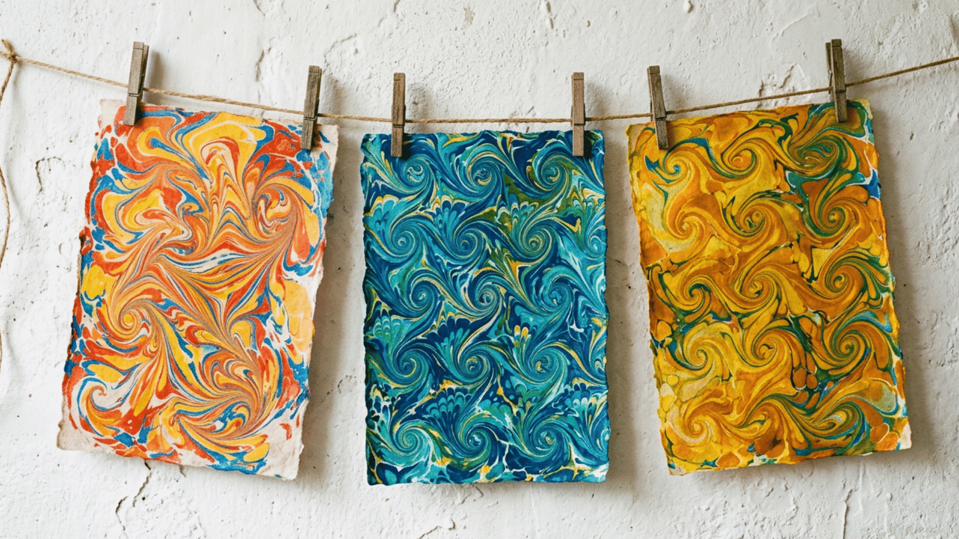 three vibrant marbled art papers with swirling colorful patterns in orange, blue, yellow and green hanging on a string with wooden clothespins on white wall