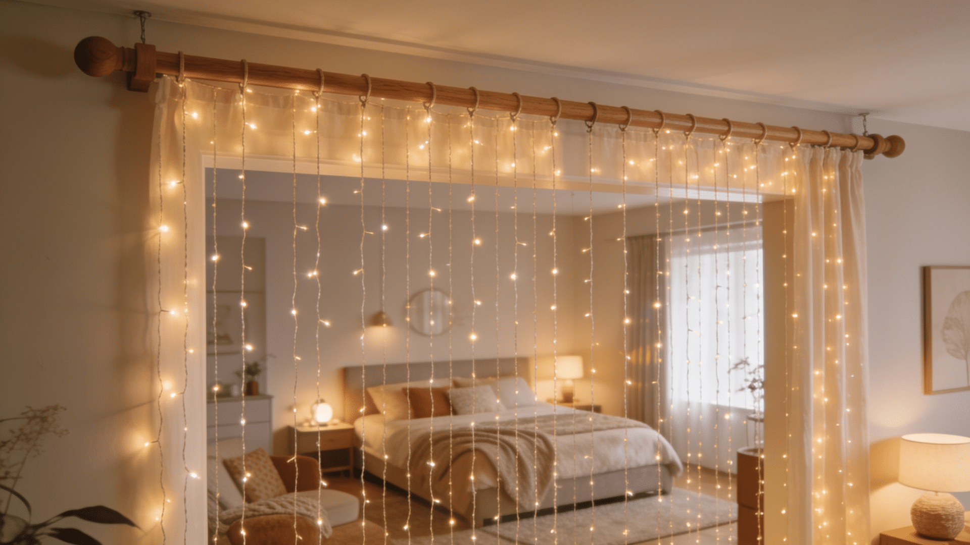 `sheer curtain with string lights used as a room divider`