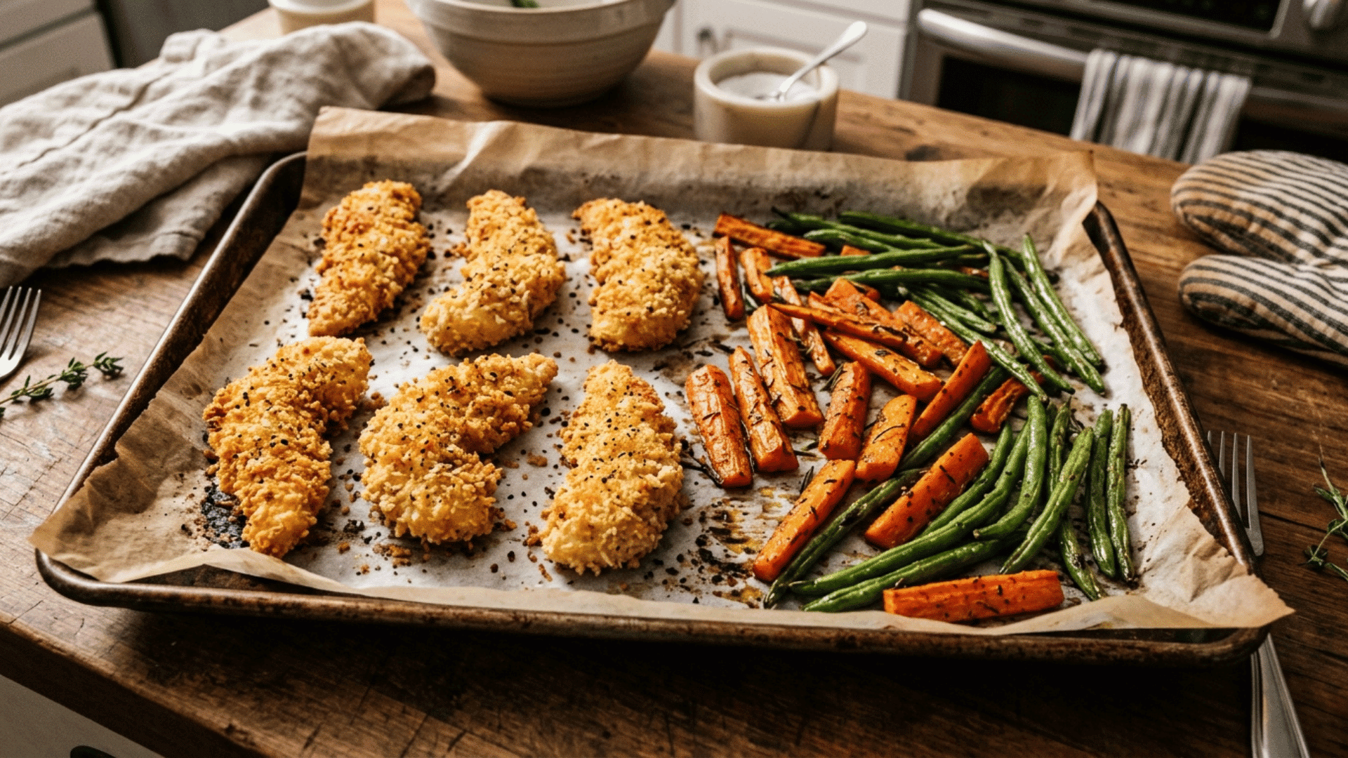 sheet pan chicken tenders with roasted carrots and green beans