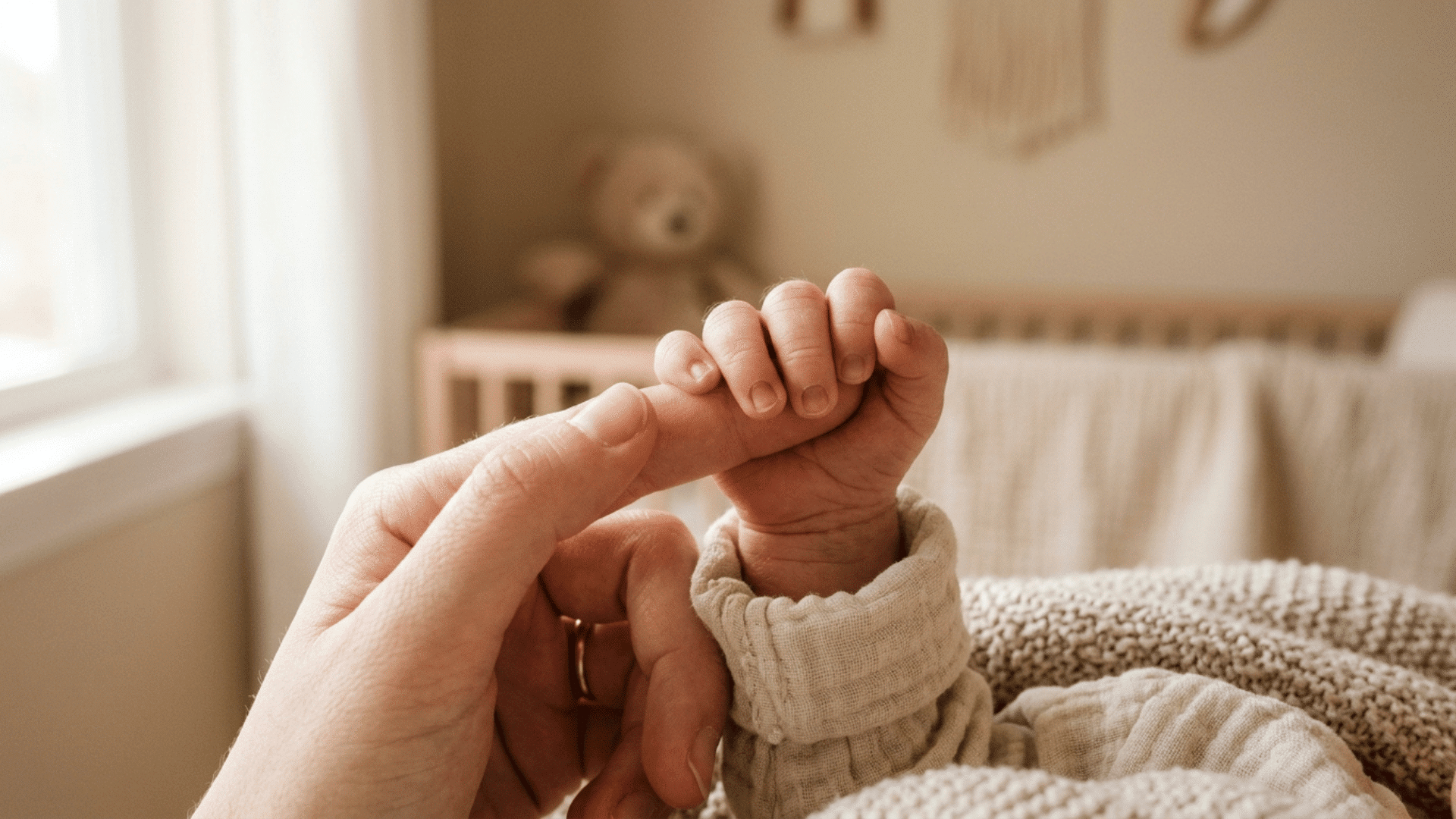 small newborn hand wrapped around a parent's finger in soft light